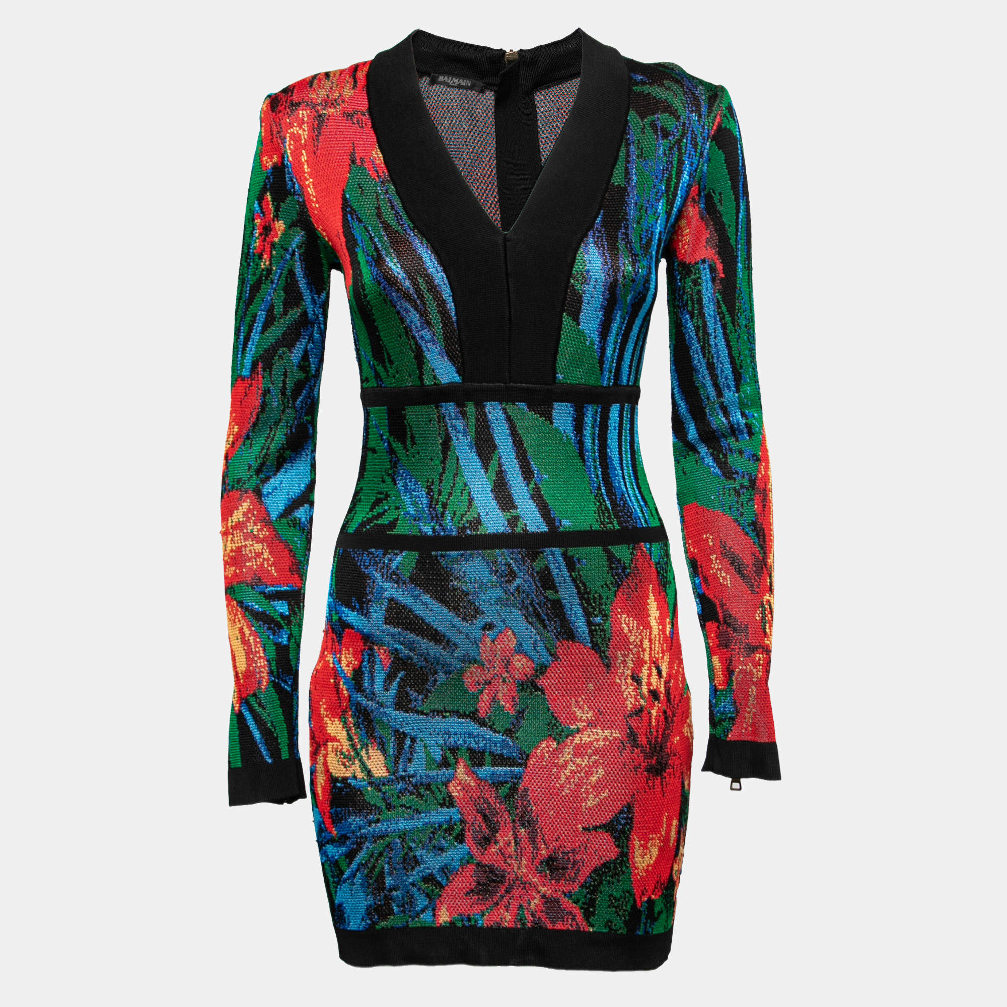 Balmain Multicolor Floral Jacquard Knit Long Sleeve Dress S