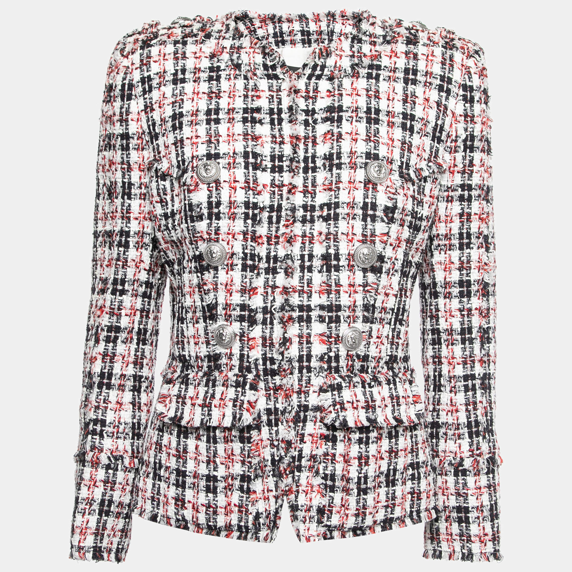 Balmain Black & Red Tweed Button Embellished Jacket M