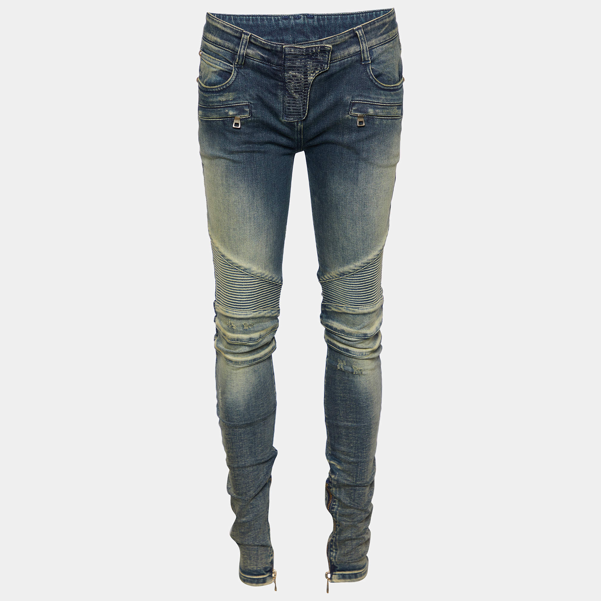 Balmain Blue Denim Moto Biker Jeans M