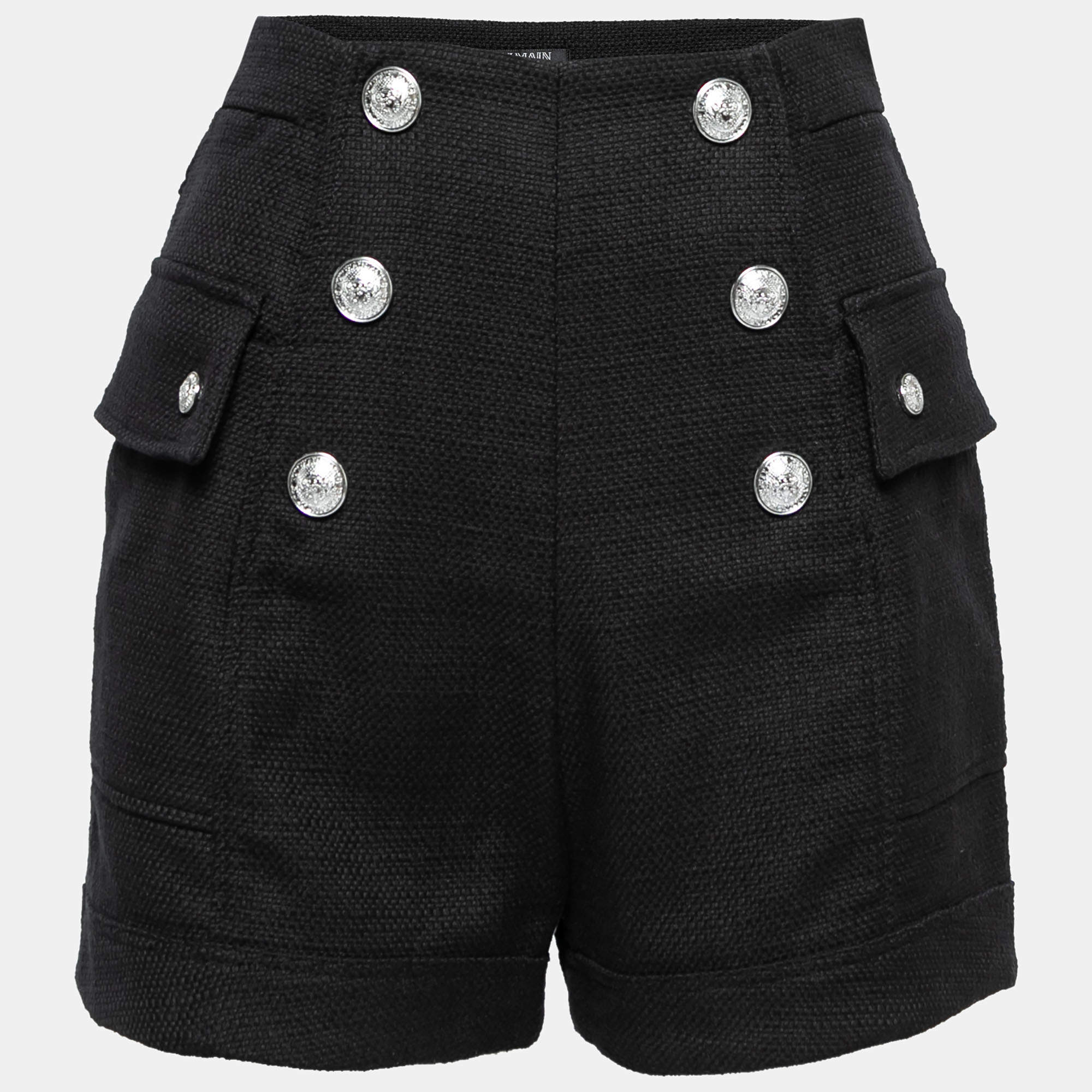 Balmain Black Canvas Button Embellished High-Waist Shorts S