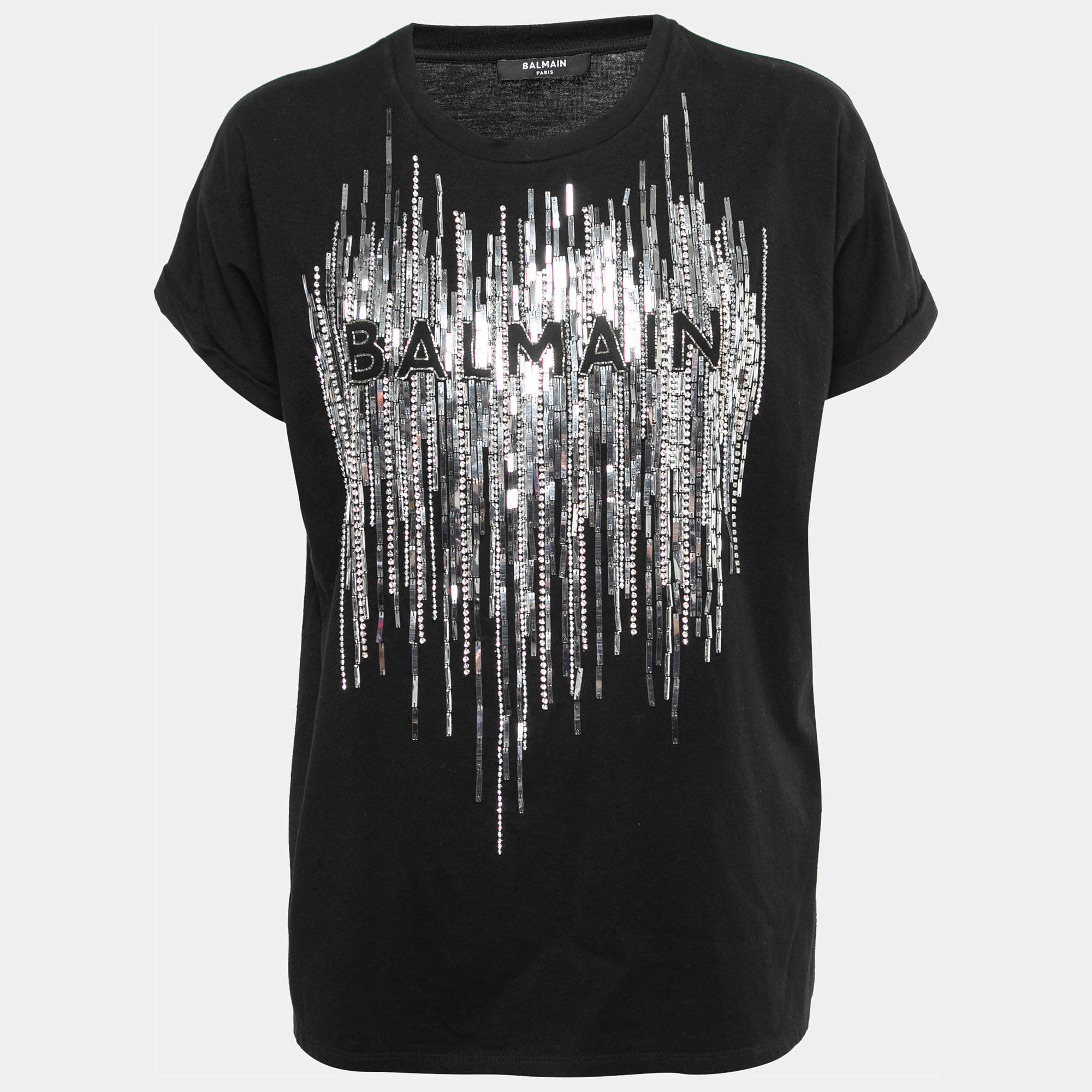 Pre Owned Balmain Black Cotton Logo Embroidered Embellished T-Shirt M