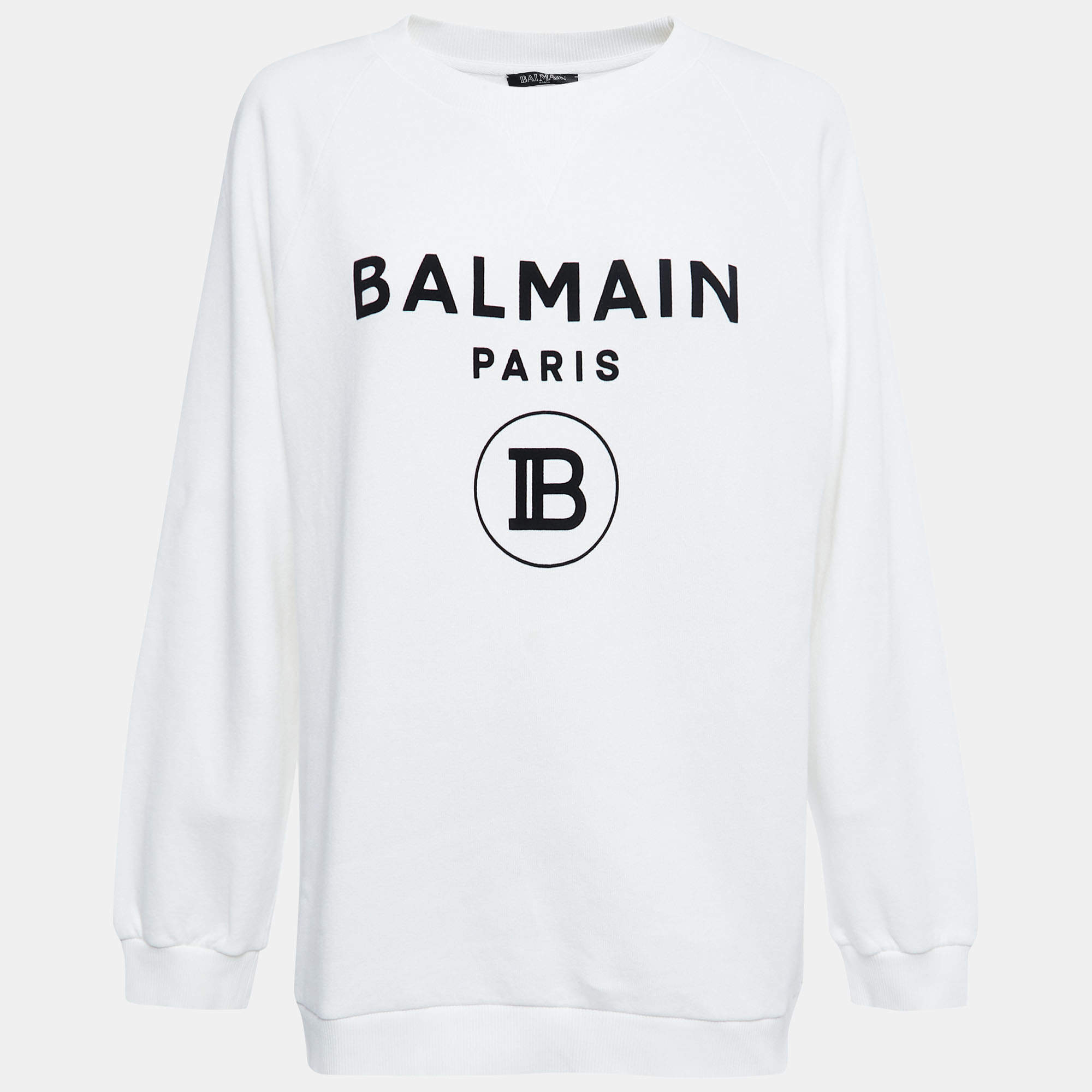 Balmain White Rib Knit Logo Print Raglan Sleeve Sweatshirt L