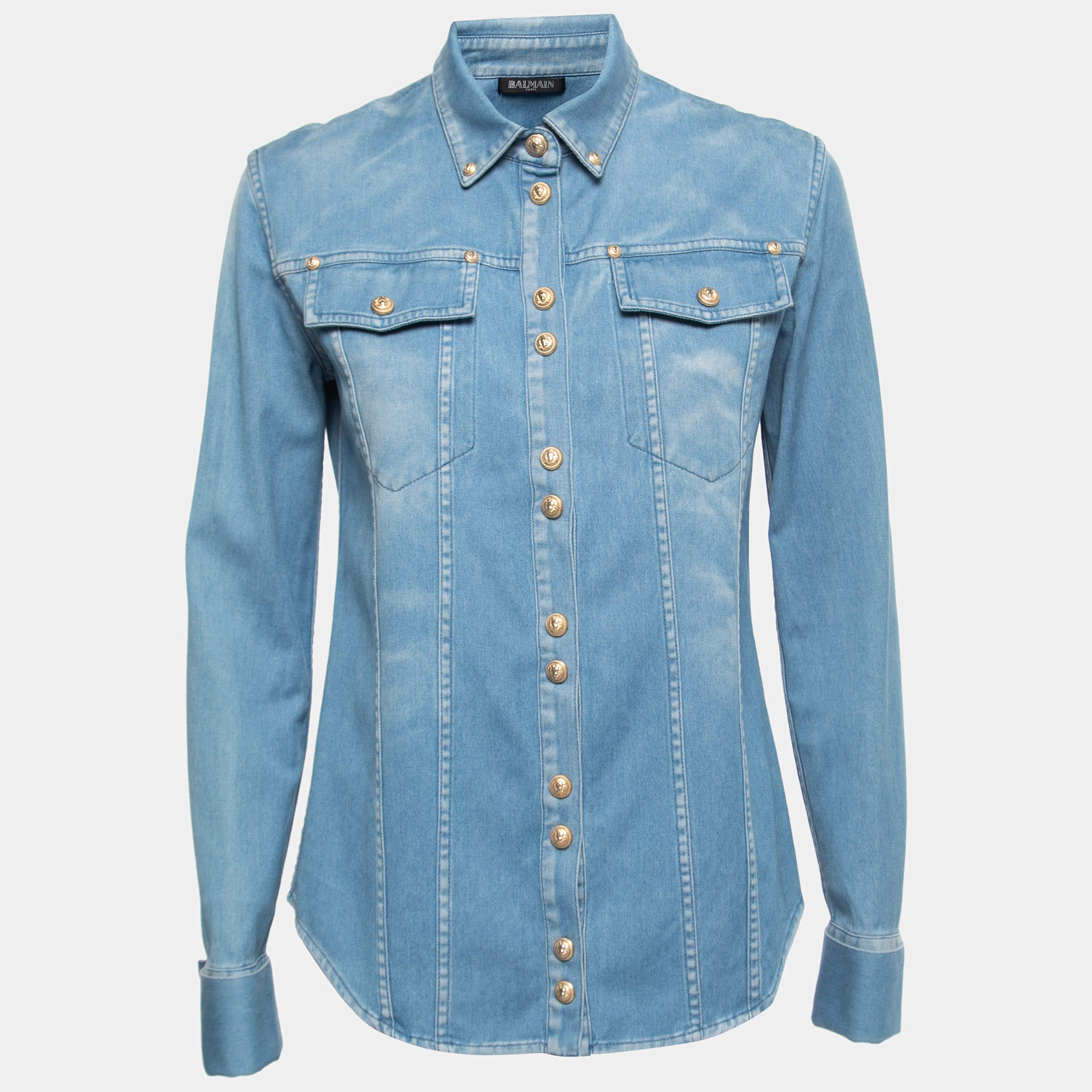 Pre Owned Balmain Light Blue Denim Gold Button Detail Long Sleeve Shirt S