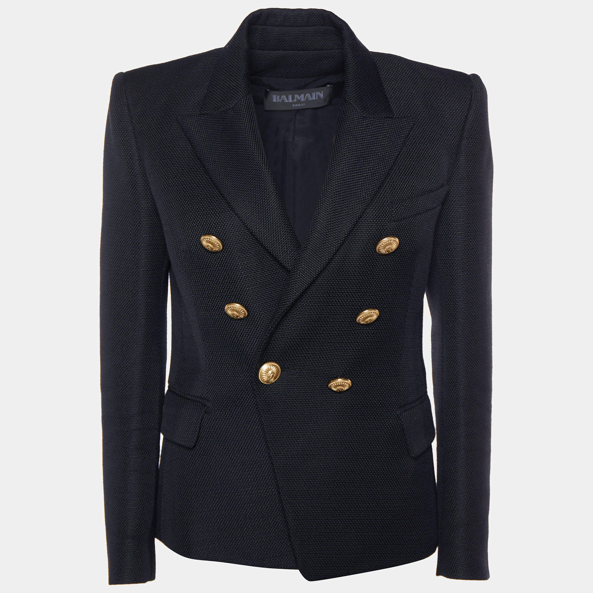 Pre Owned Balmain Black Textured Double Breasted Blazer M