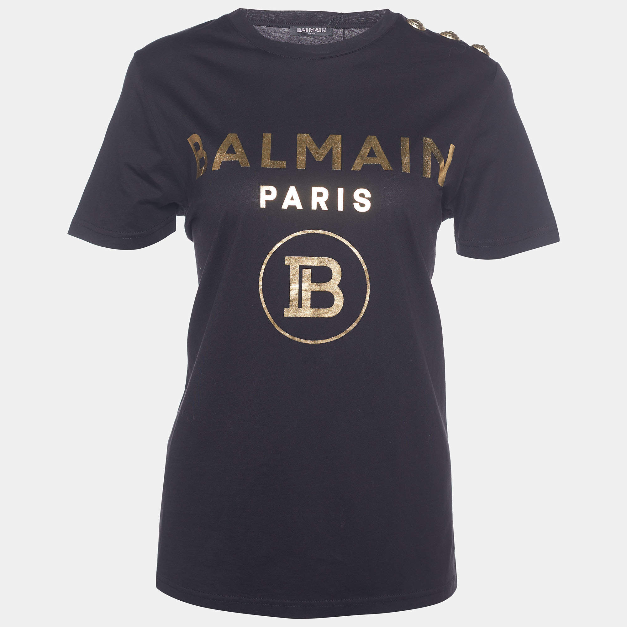 Pre Owned Balmain Black Cotton Knit Metallic Logo Print T-Shirt M