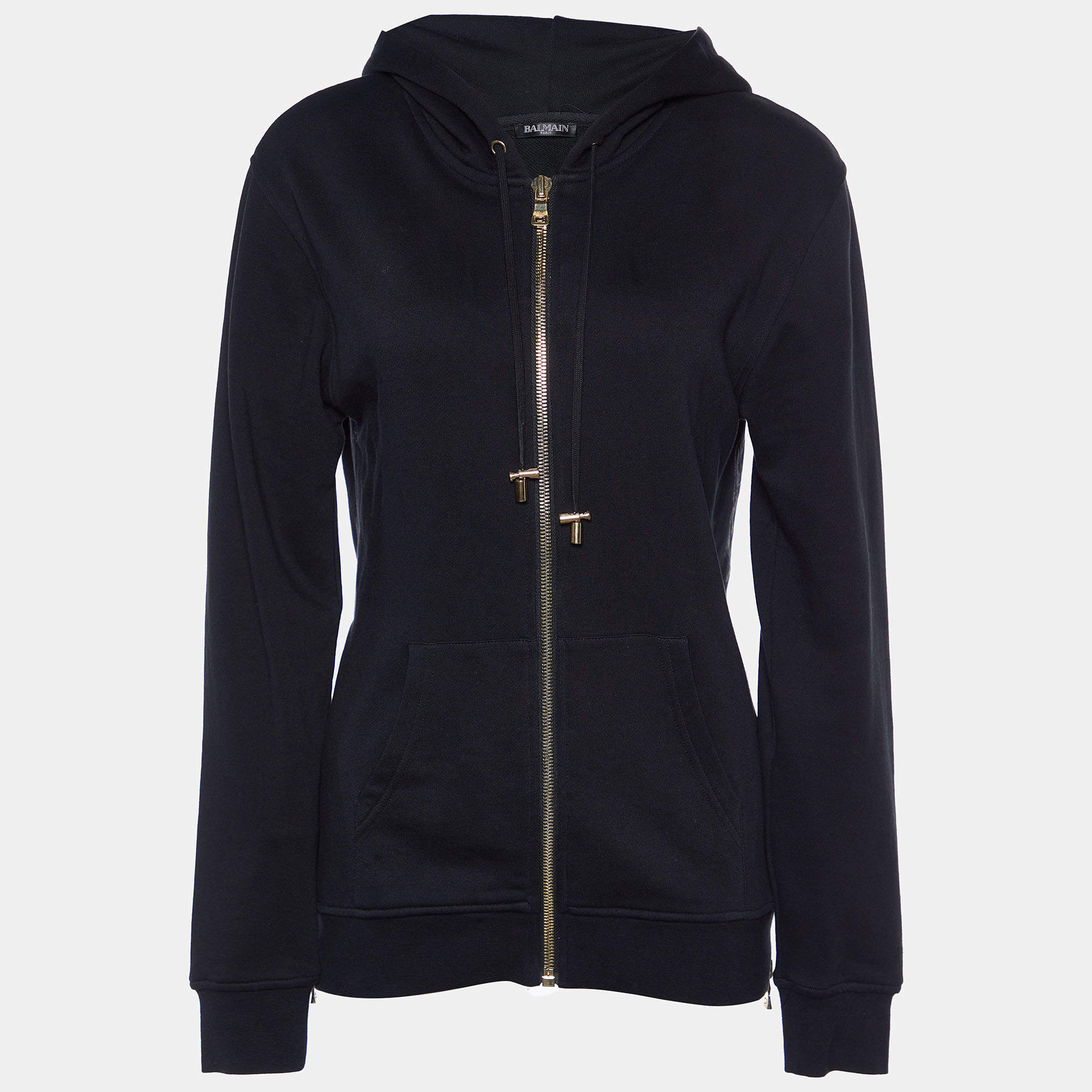 Pre Owned Balmain Black Tiger Printed Cotton Knit Hooded Sweat Jacket XS