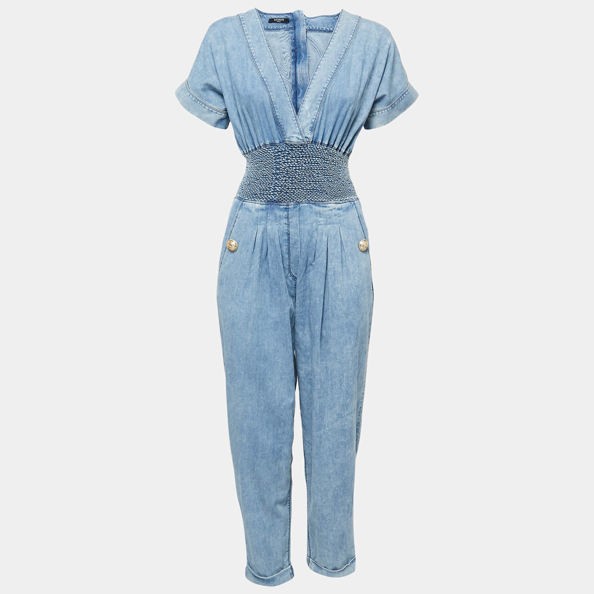 Balmain Blue Chambray Smocked Detail Jumpsuit S