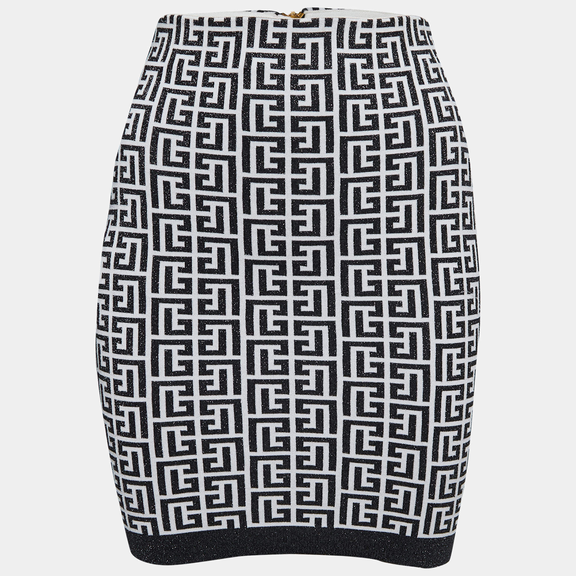 Balmain White/Black Monogram Lurex Knit Mini Skirt S