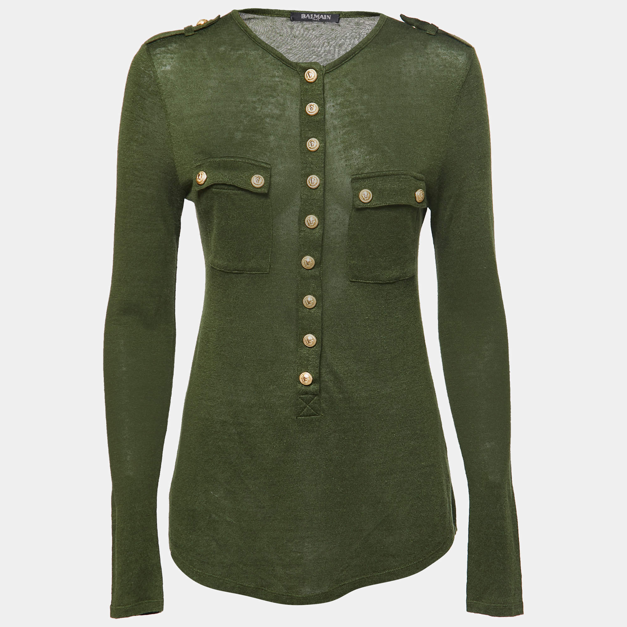 Pre Owned Balmain Green Knit Gold Button Long Sleeve Top M