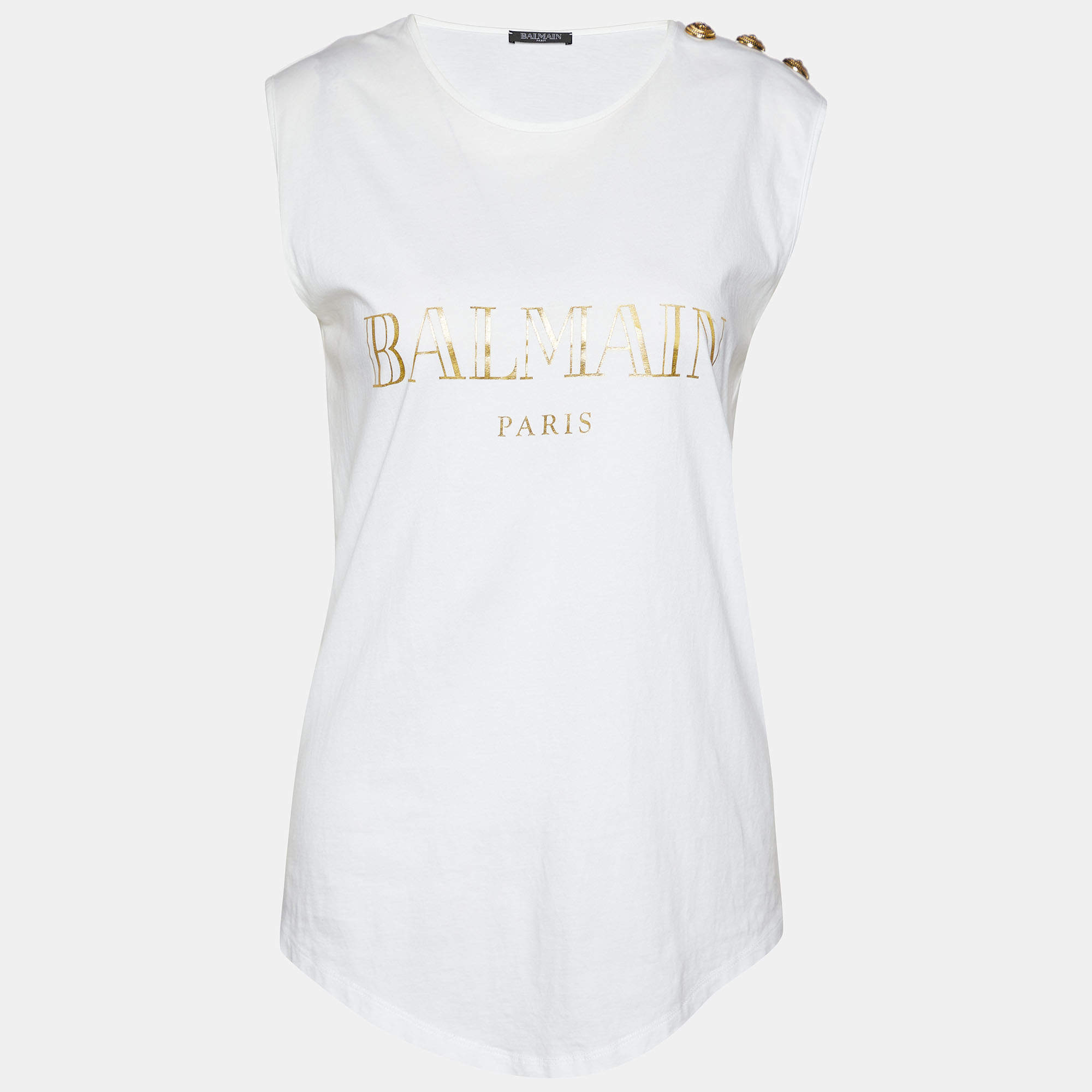 Pre Owned Balmain White Logo Printed Cotton Knit Sleeveless T-Shirt S