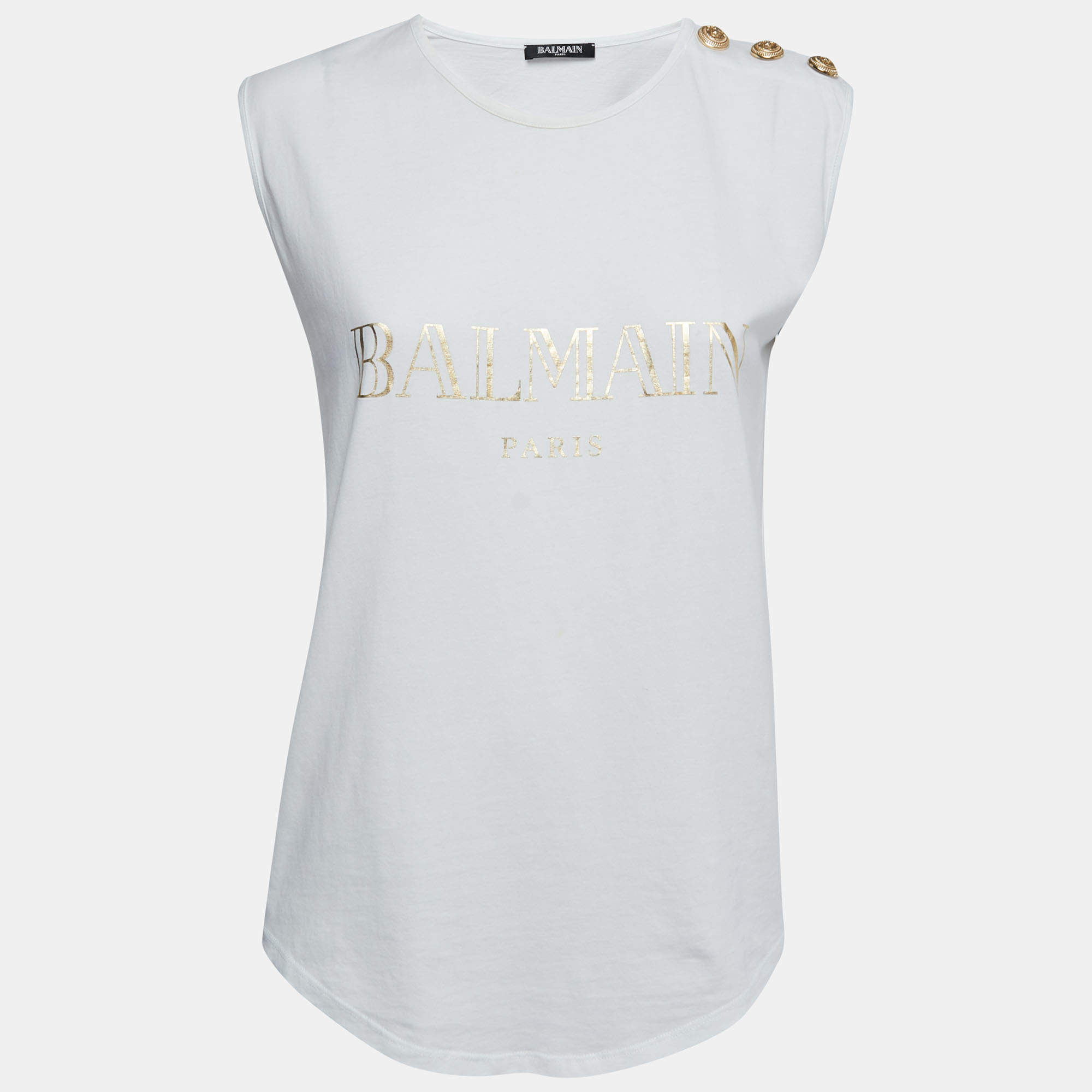 Balmain White Logo Printed Cotton Button Detailed Sleeveless T-Shirt M