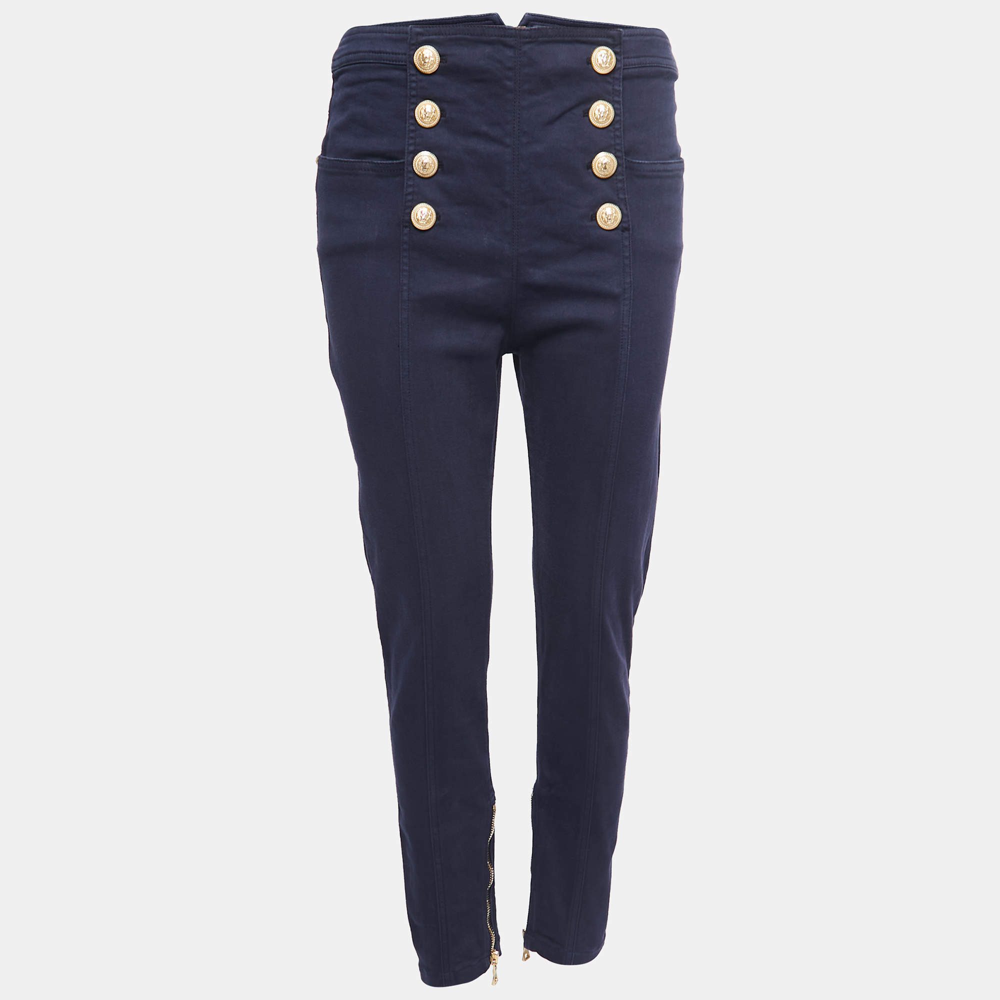 Balmain Navy Blue Denim Button Embellished High Waist Trousers M