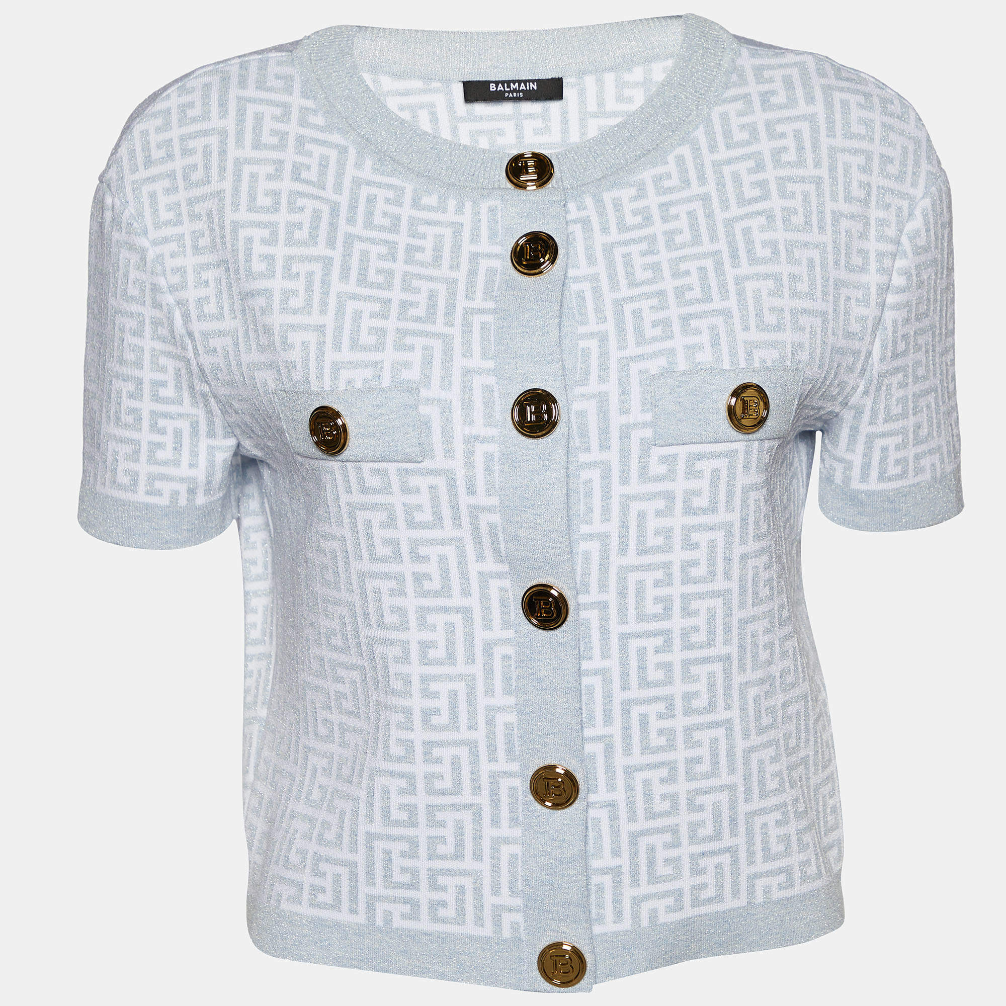 Pre Owned Balmain Light Blue Monogram Lurex Knit Cropped Cardigan M