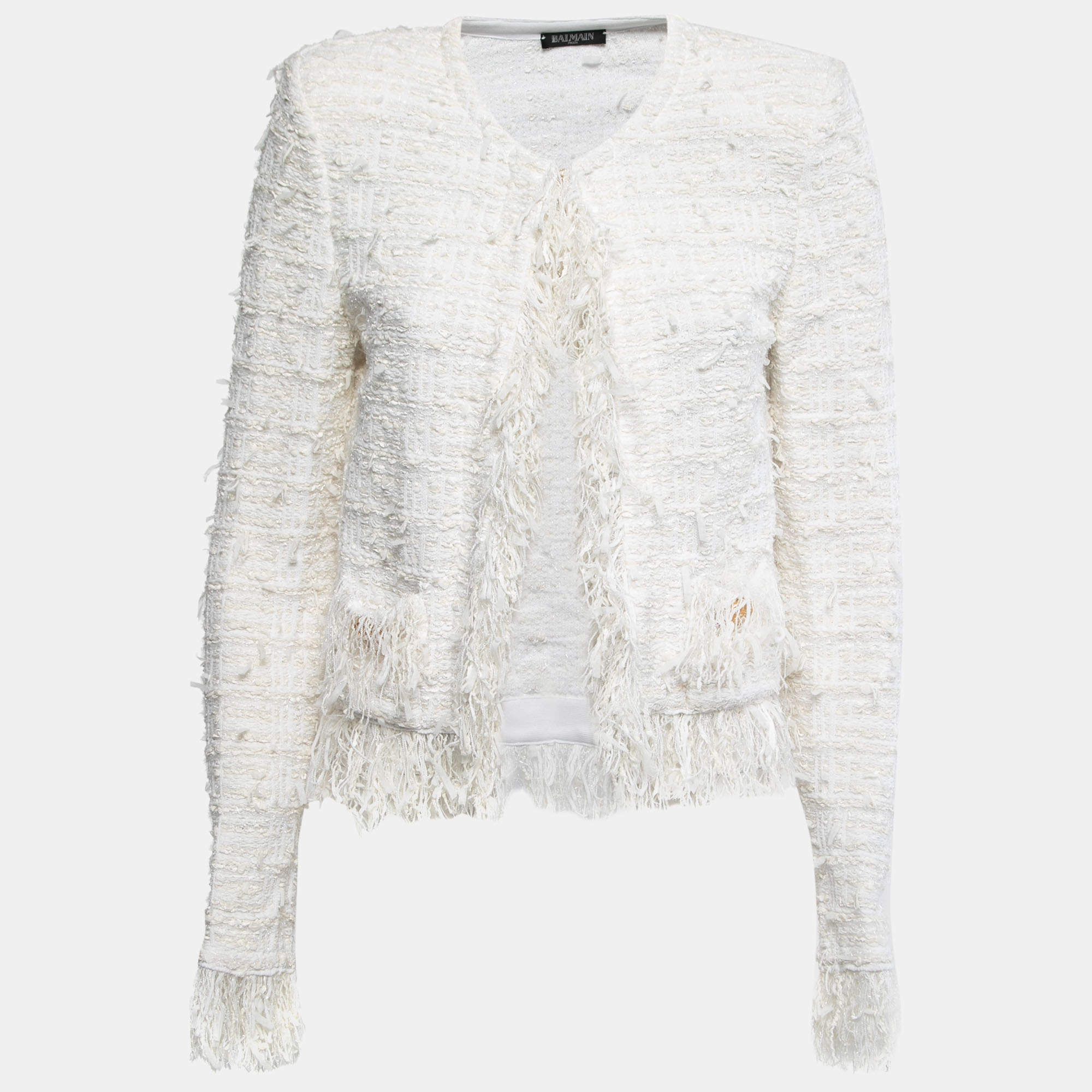 Pre Owned Balmain White Tweed & Lurex Fringed Blazer M