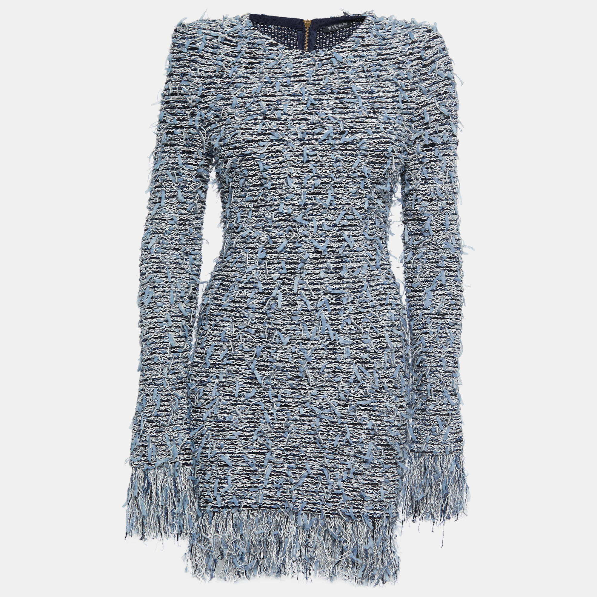 Pre Owned Balmain Blue Stretch Tweed Frayed Long Sleeve Mini Dress S