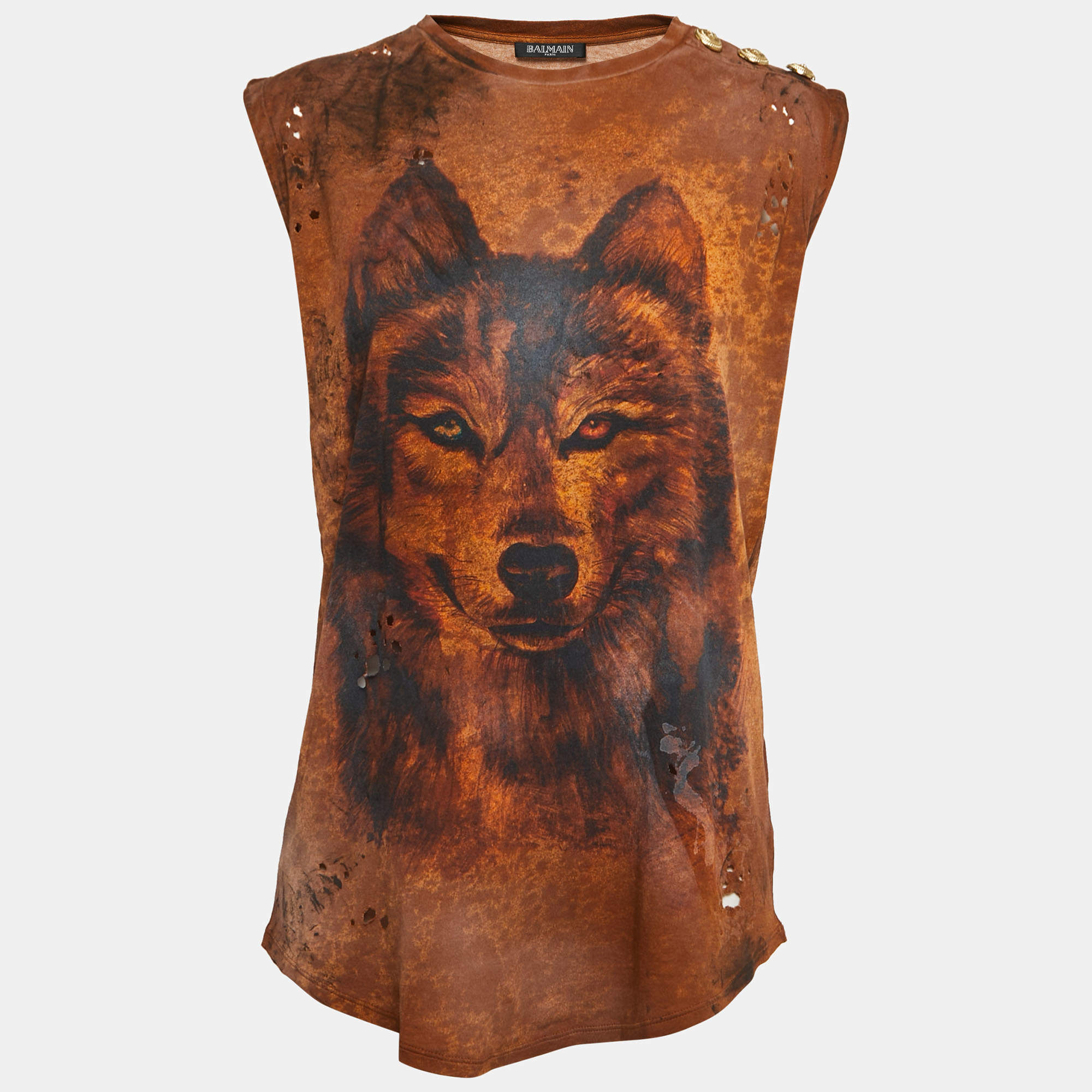 Pre Owned Balmain Brown Wolf Printed Distressed Cotton Tank Top M