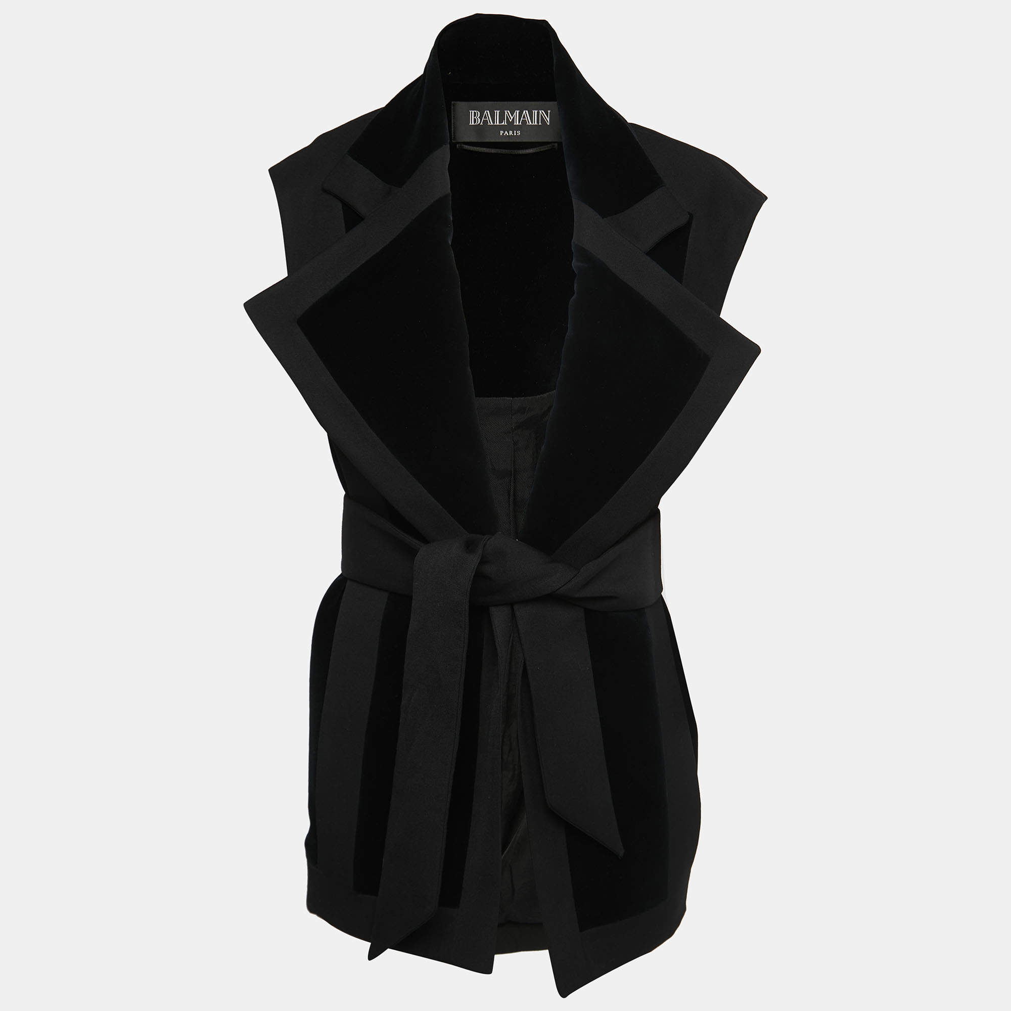 Balmain Black Cotton & Wool Open Front Belted Sleeveless Jacket M