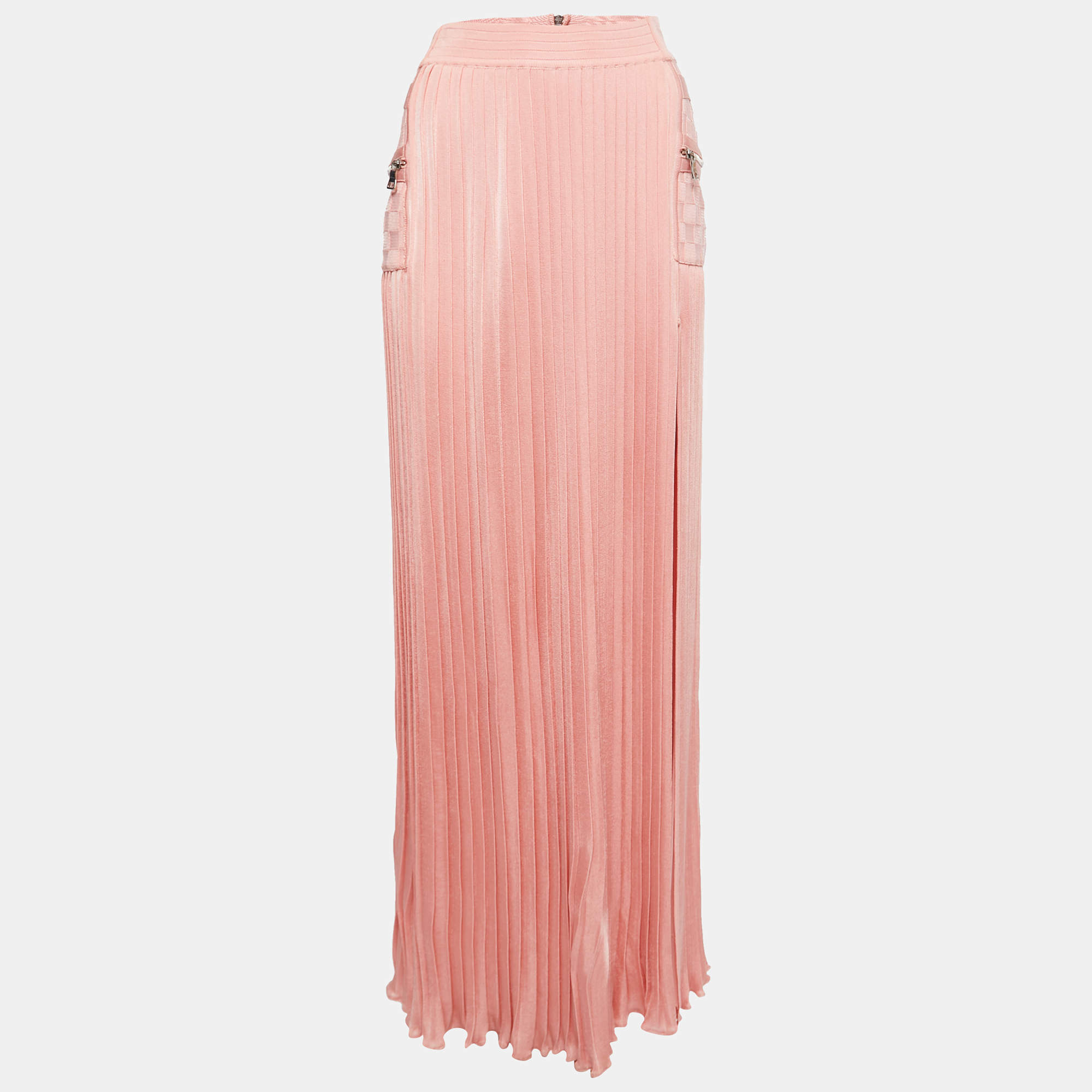 Pre Owned Balmain Pink Knit Fit & Flare High Waist Maxi Skirt S