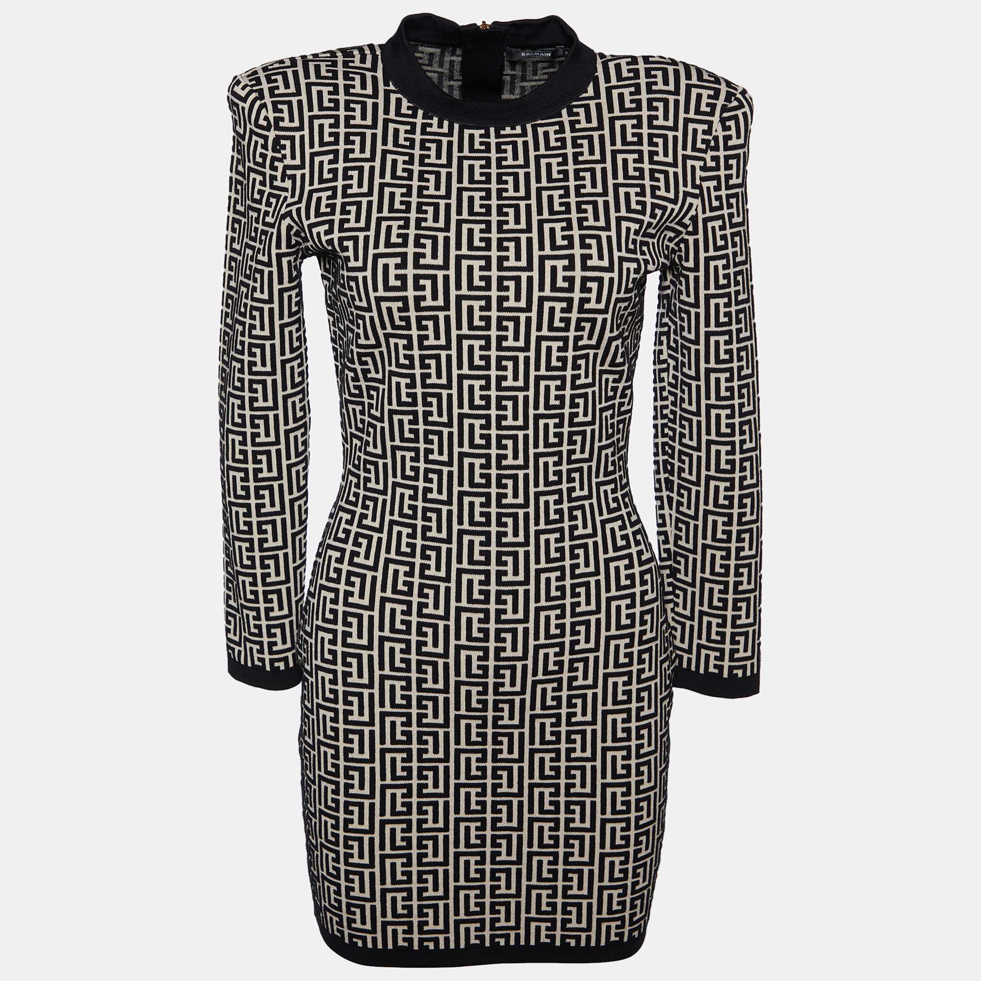 Pre Owned Balmain Monochrome Monogram Jacquard Mini Dress M