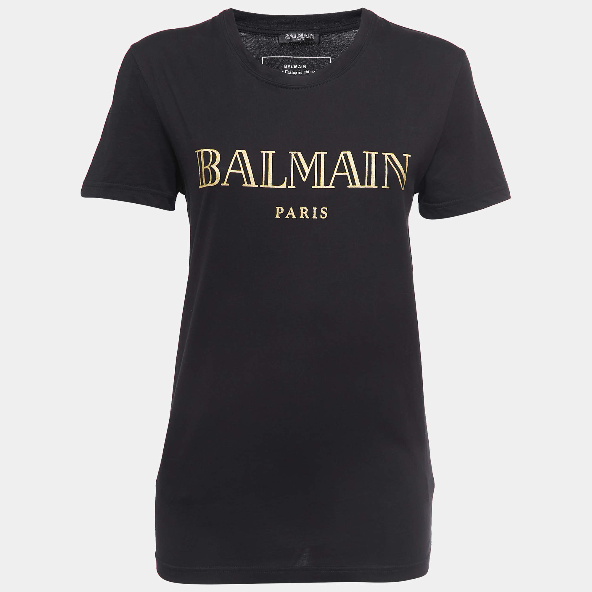 Pre Owned Balmain Black Logo Print Cotton Crew Neck Short Sleeve T-Shirt S