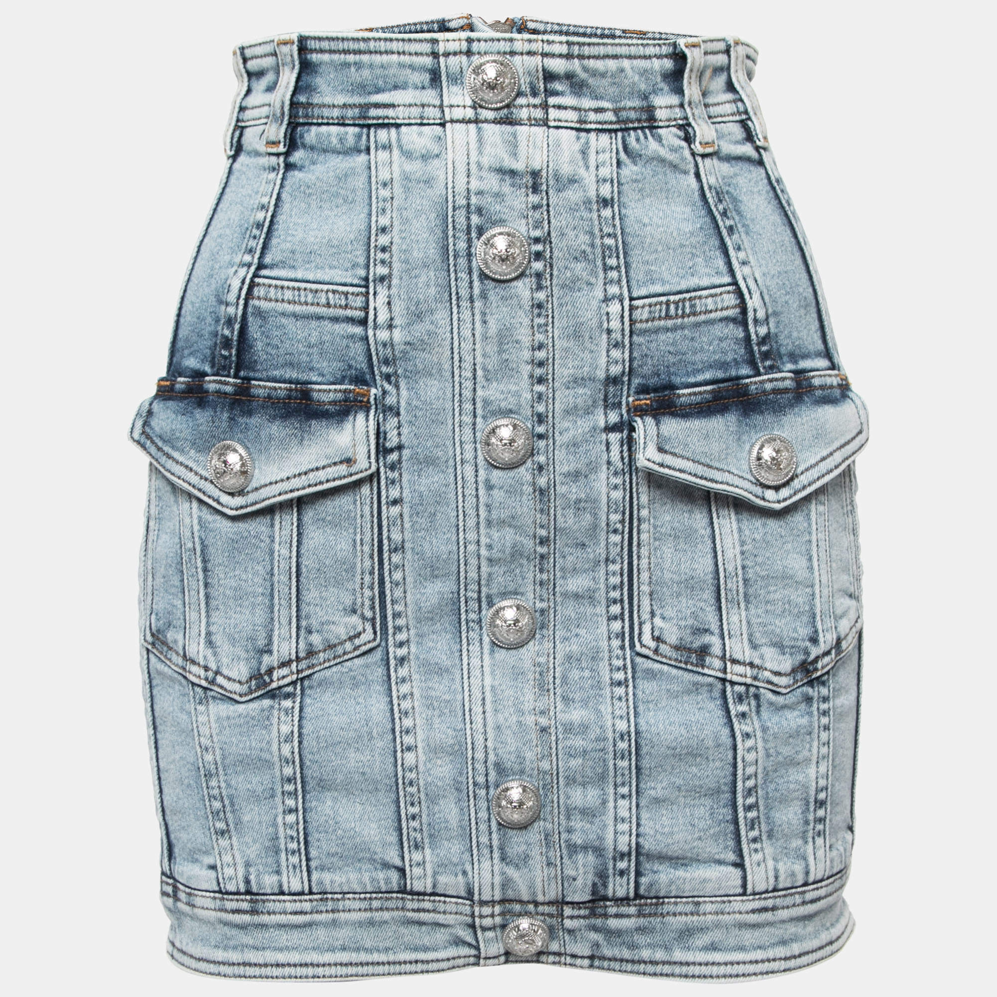 Pre Owned Balmain Blue Washed Denim Button Detail Mini Skirt S