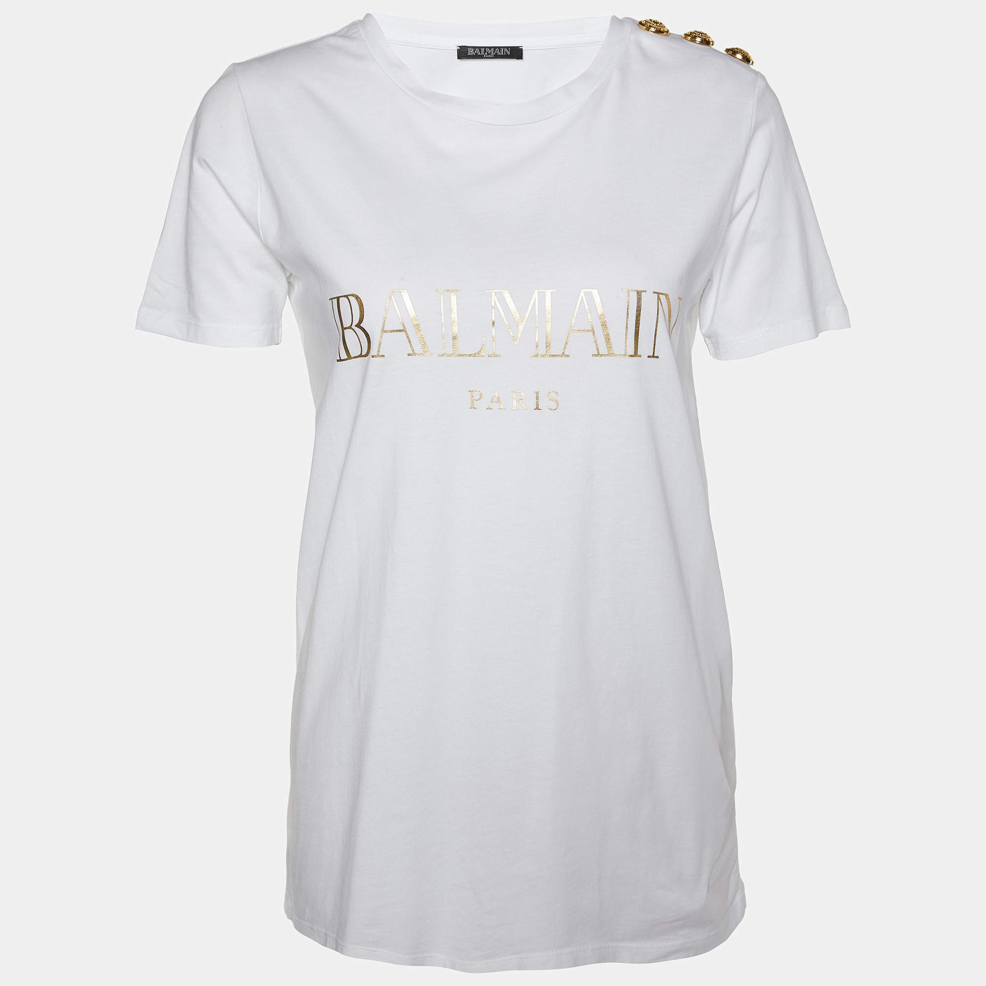 Pre Owned Balmain White Cotton Gold Logo Printed Button Detail Crewneck T Shirt S