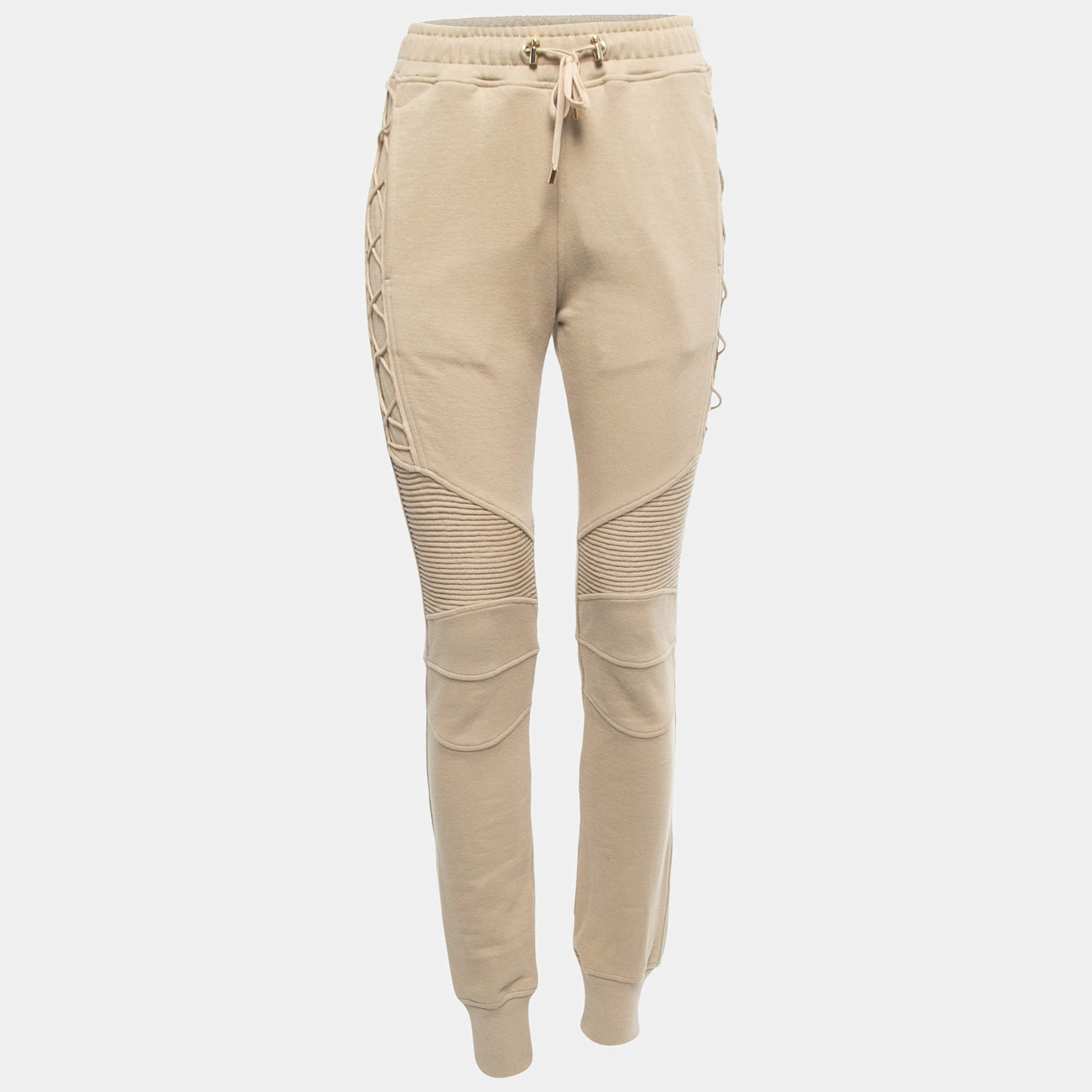 Balmain Beige Cotton Drawstring Lace-Up Detail Joggers XS