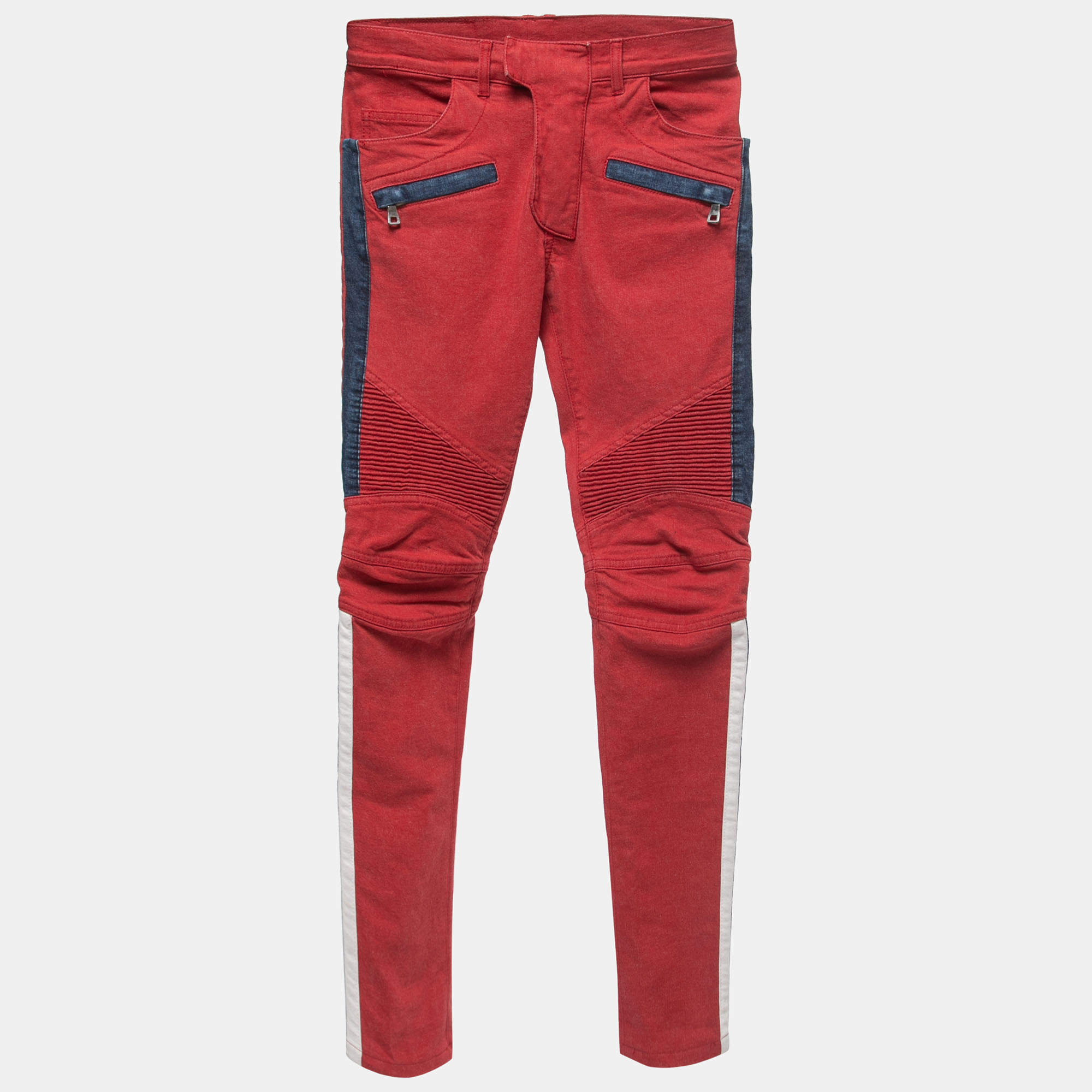 Balmain Red Denim Quilted Skinny Jeans M Waist 27"