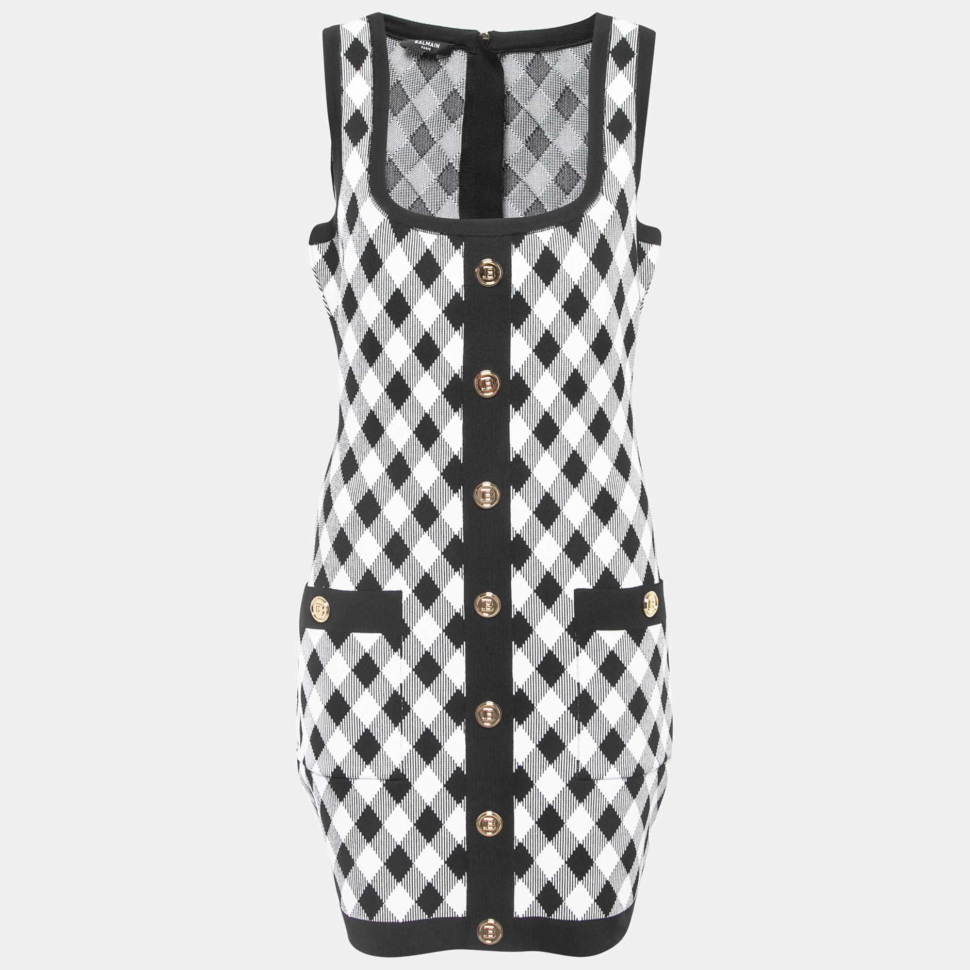 Pre Owned Balmain Black/White Diamond Patterned Knit Sleeveless Bodycon Dress XL