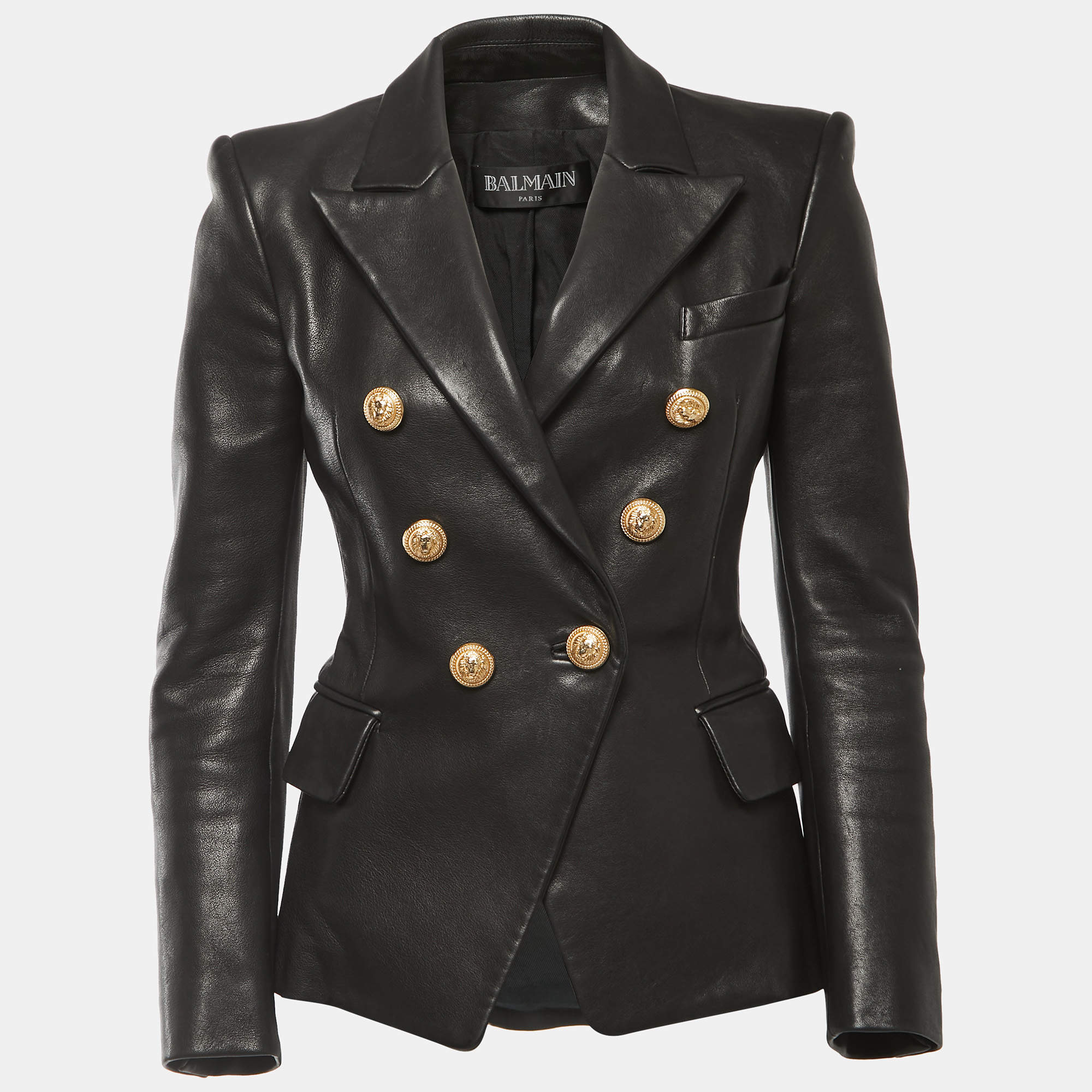 Pre Owned Balmain Black Leather Double Breasted Jacket S