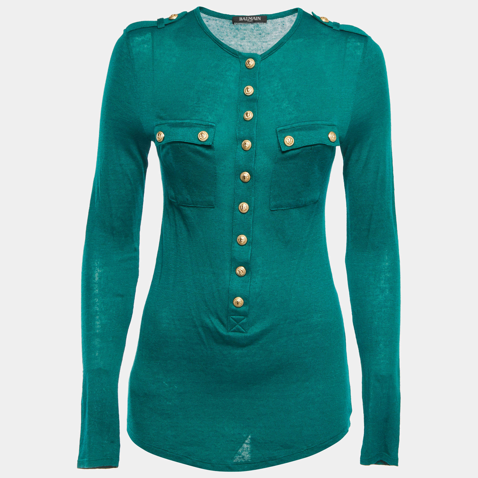 Pre Owned Balmain Green Knit Gold Button Detailed Long Sleeve T-Shirt M