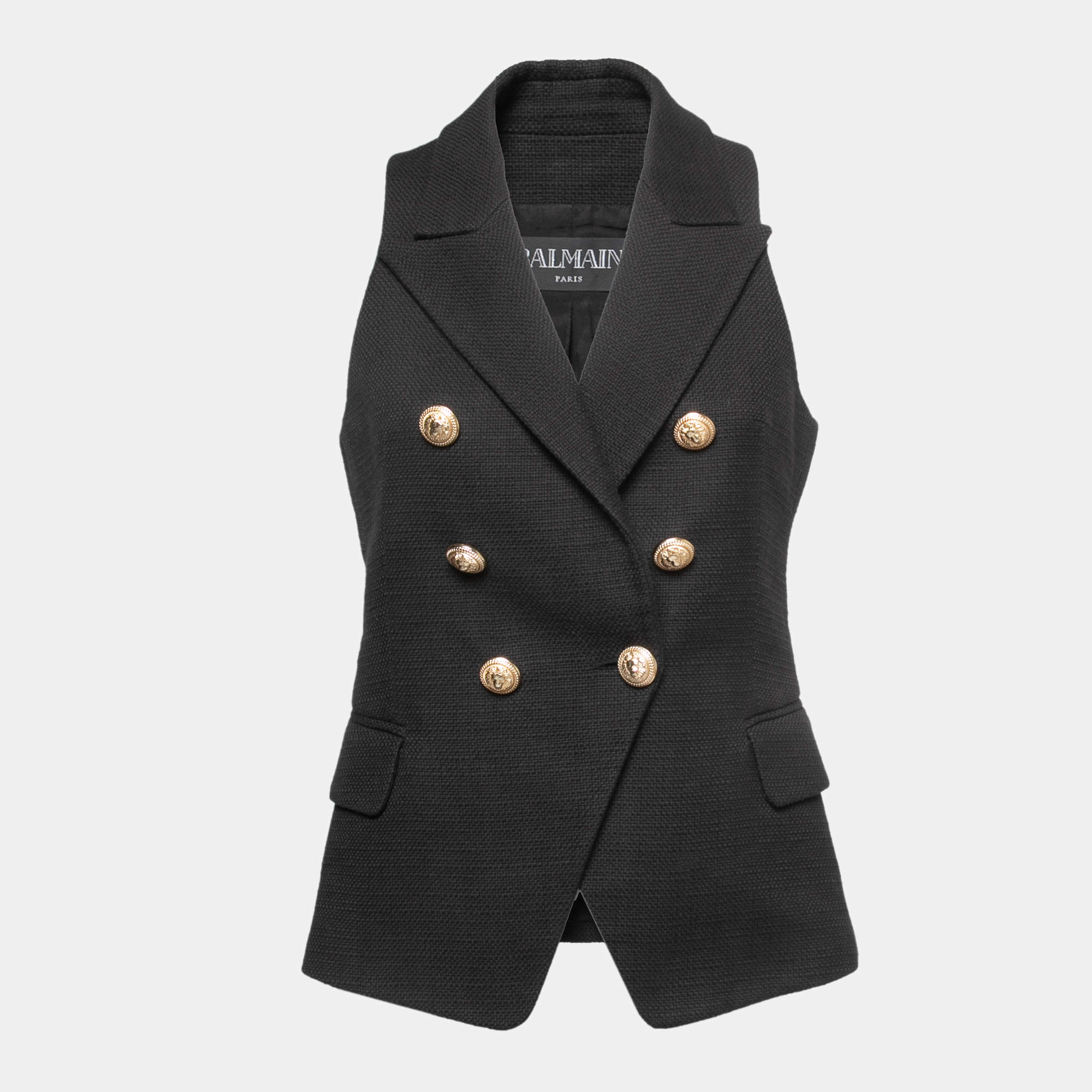 Pre Owned Balmain Black Cotton Double Breasted Sleeveless Blazer M