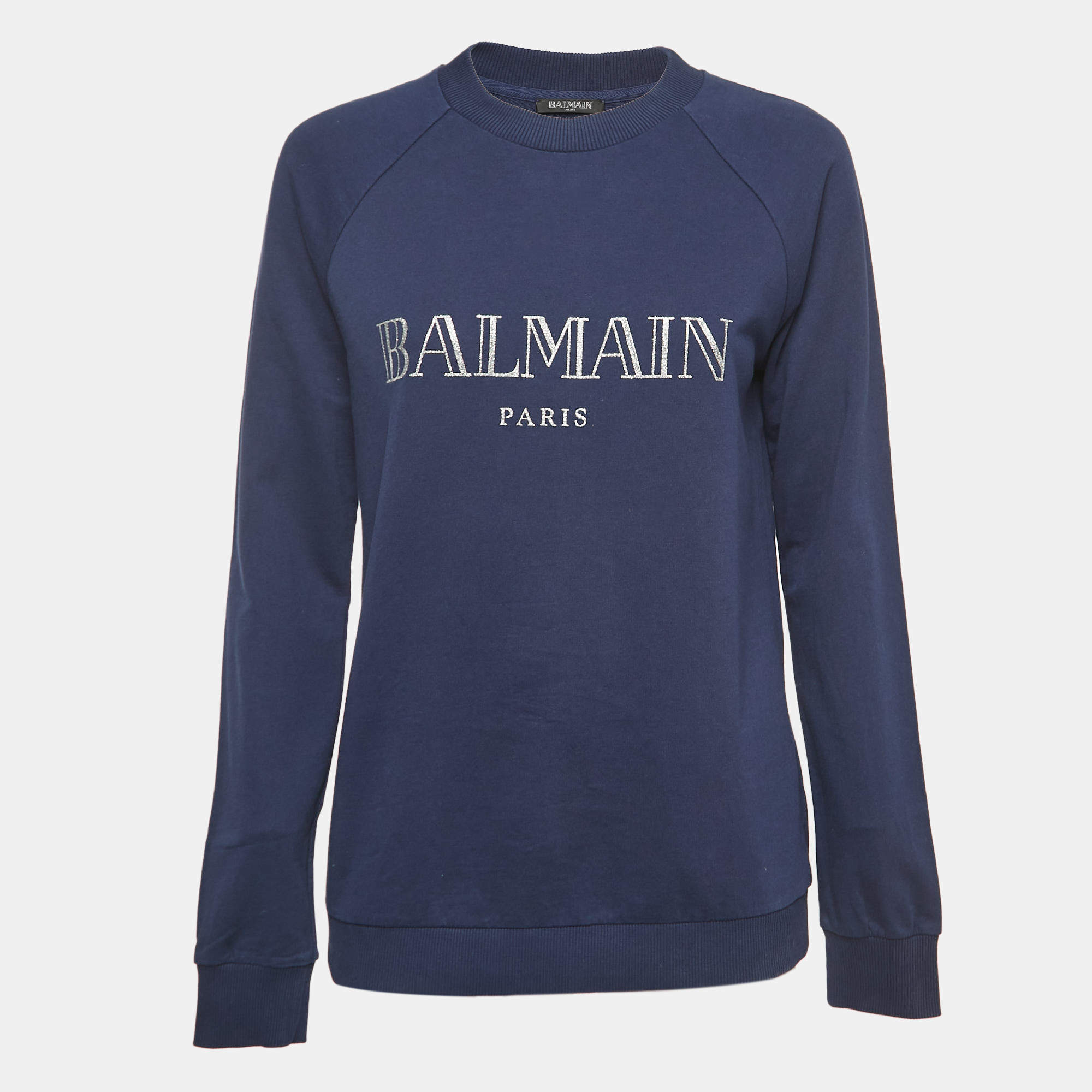 Pre Owned Balmain Navy Blue Logo Print Cotton Crew Neck Sweatshirt M