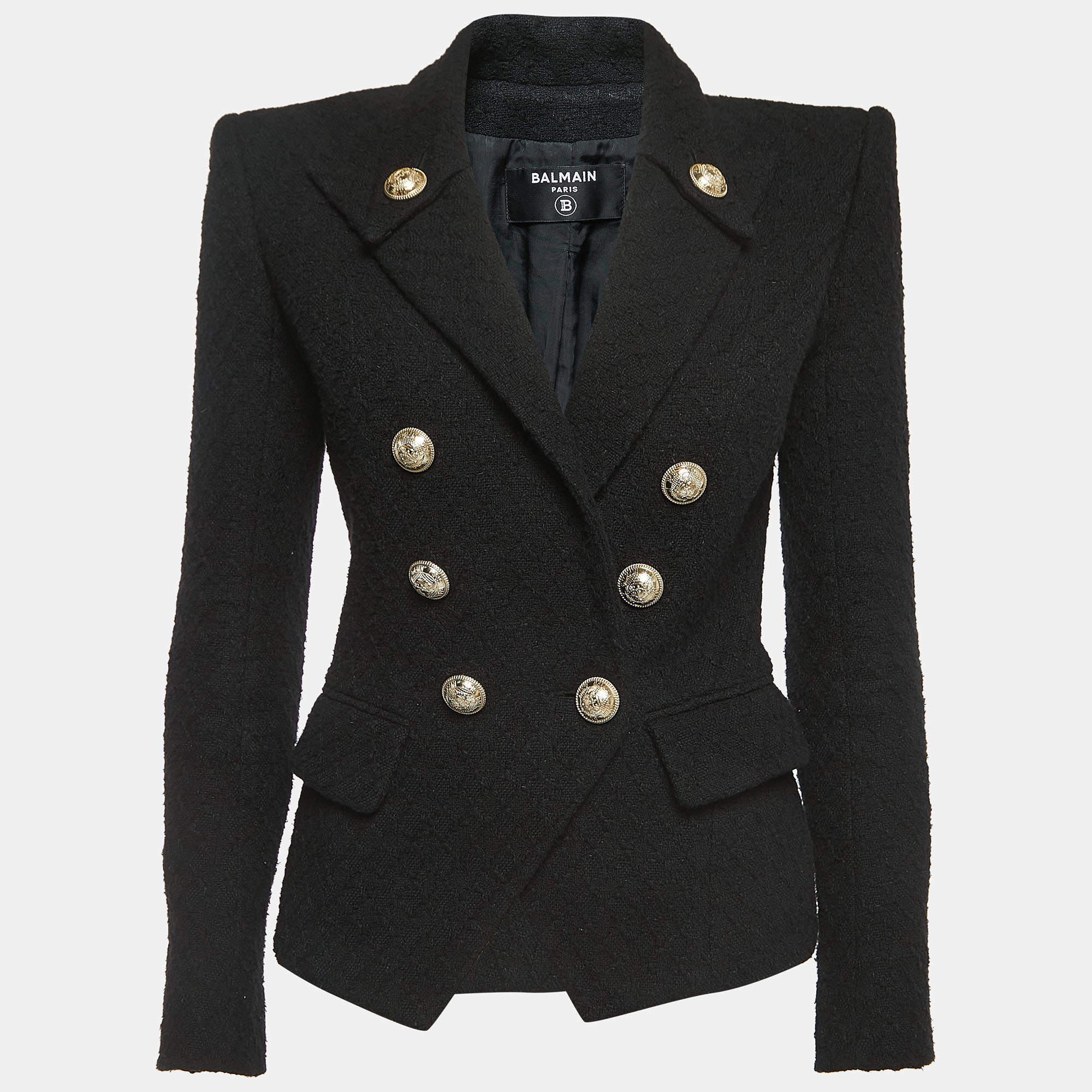 Pre Owned Balmain Black Tweed Double-Breasted Blazer S