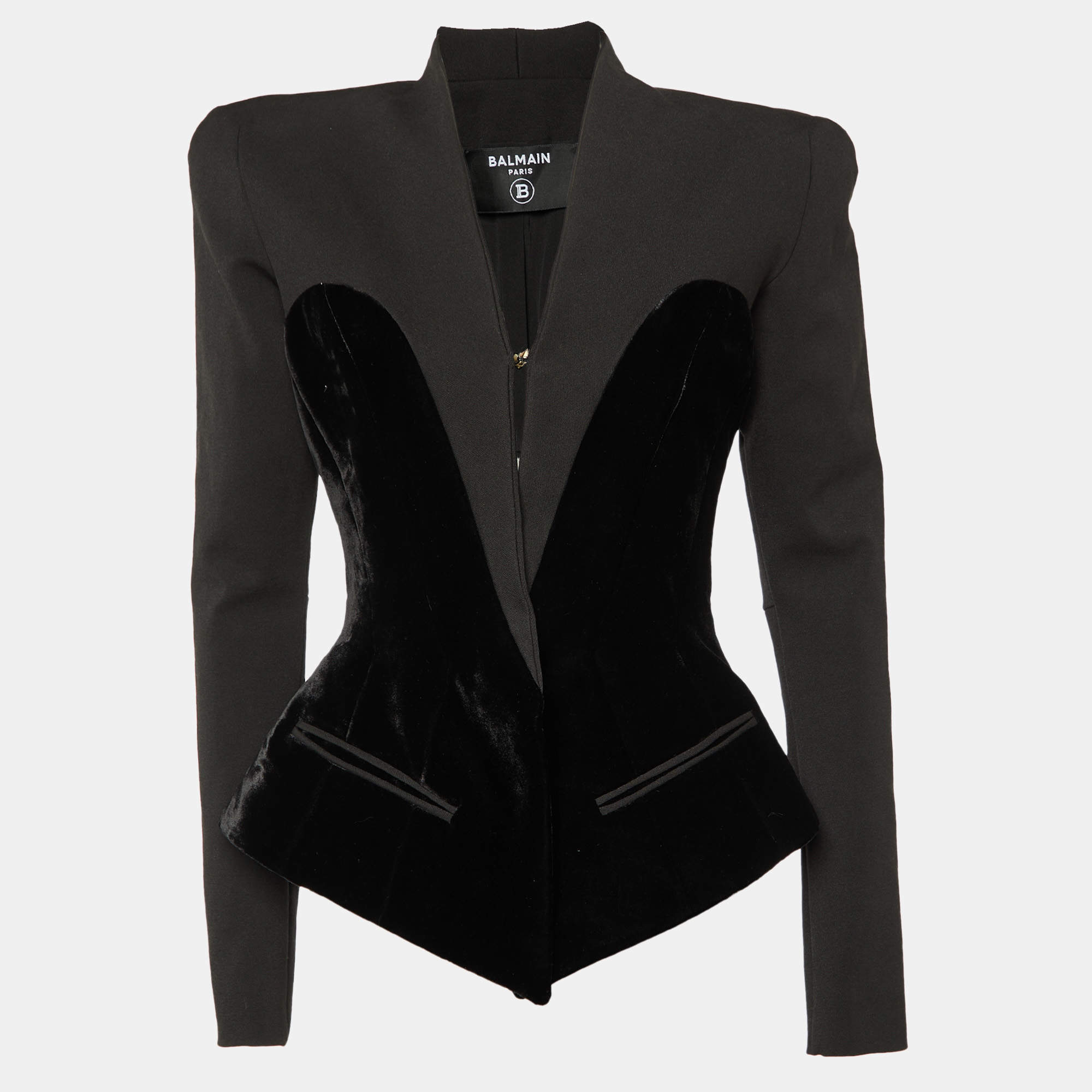 Pre Owned Balmain Black Cotton & Velvet Collarless Bustier Blazer M