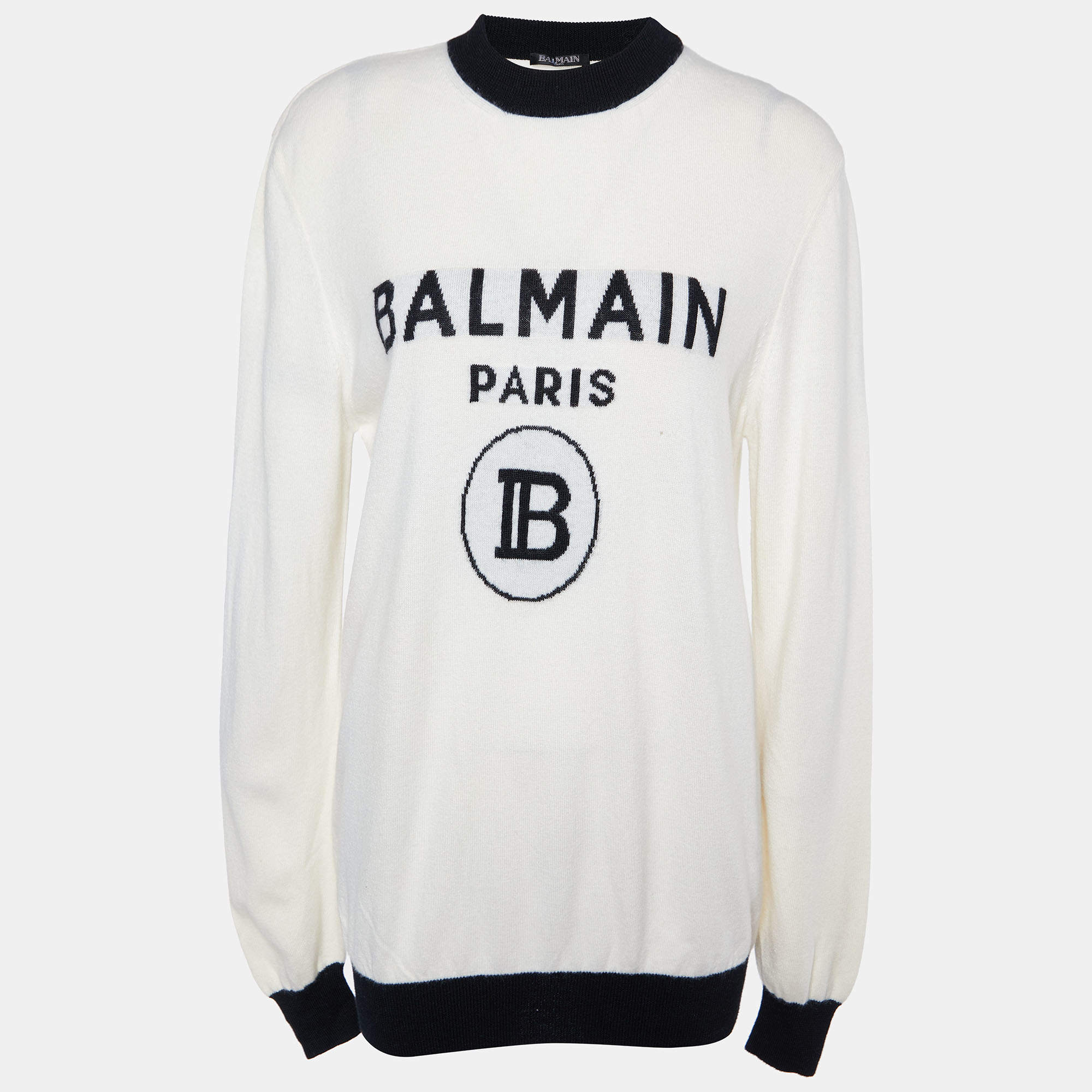 Pre Owned Balmain Off White Logo Wool & Cashmere Knit Contrast Detail Sweater M