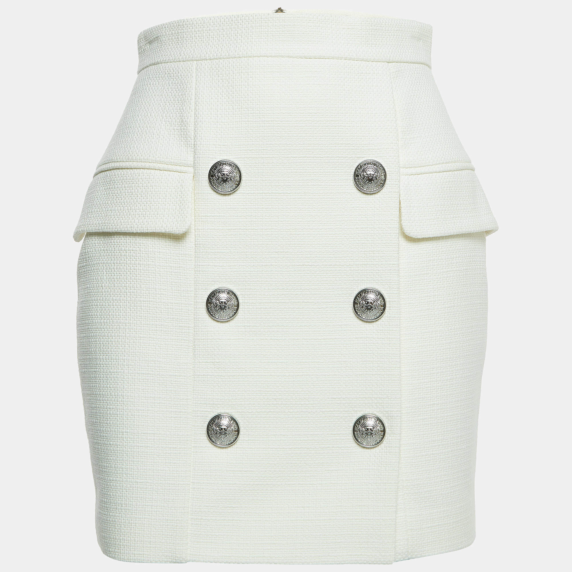 Pre Owned Balmain White Cotton Double Breasted Mini Skirt S