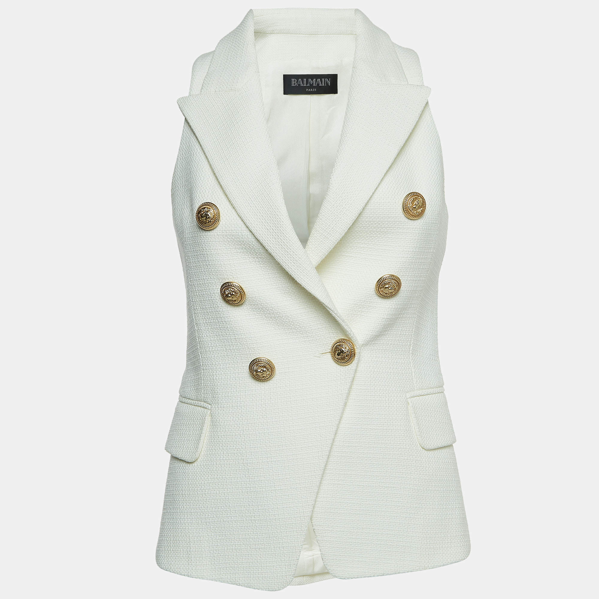 Pre Owned Balmain White Cotton Double Breasted Sleeveless Blazer S