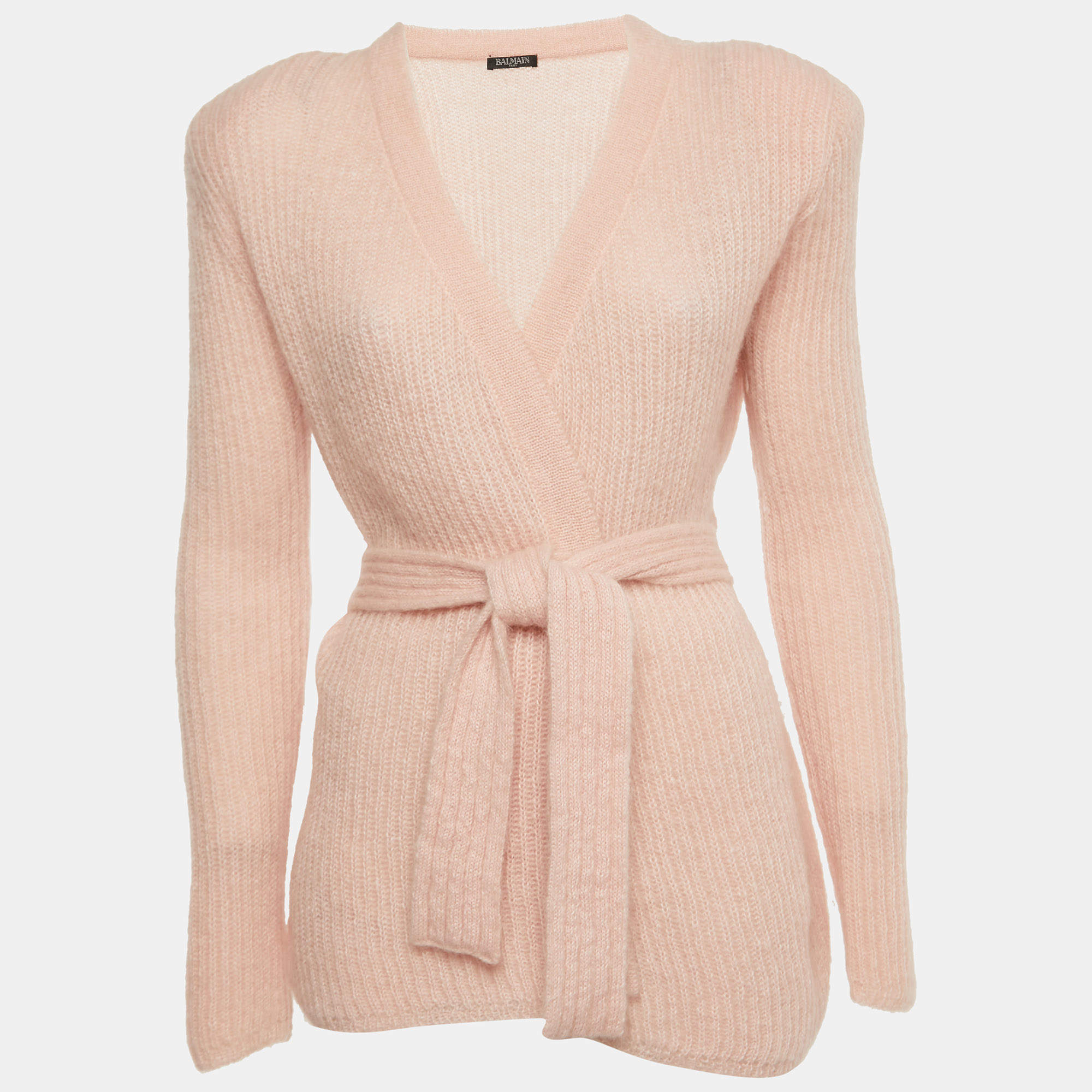 Pre Owned Balmain Light Pink Mohair Wool Blend Open Front Belted Cardigan M