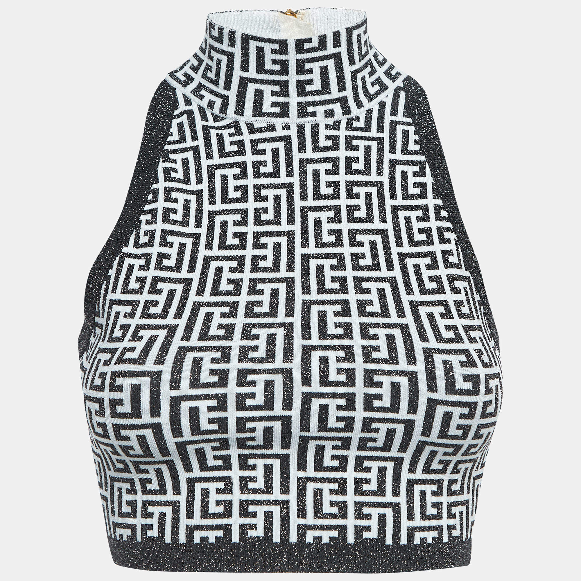 Balmain Monochrome Monogram Jacquard Knit Crop Top S