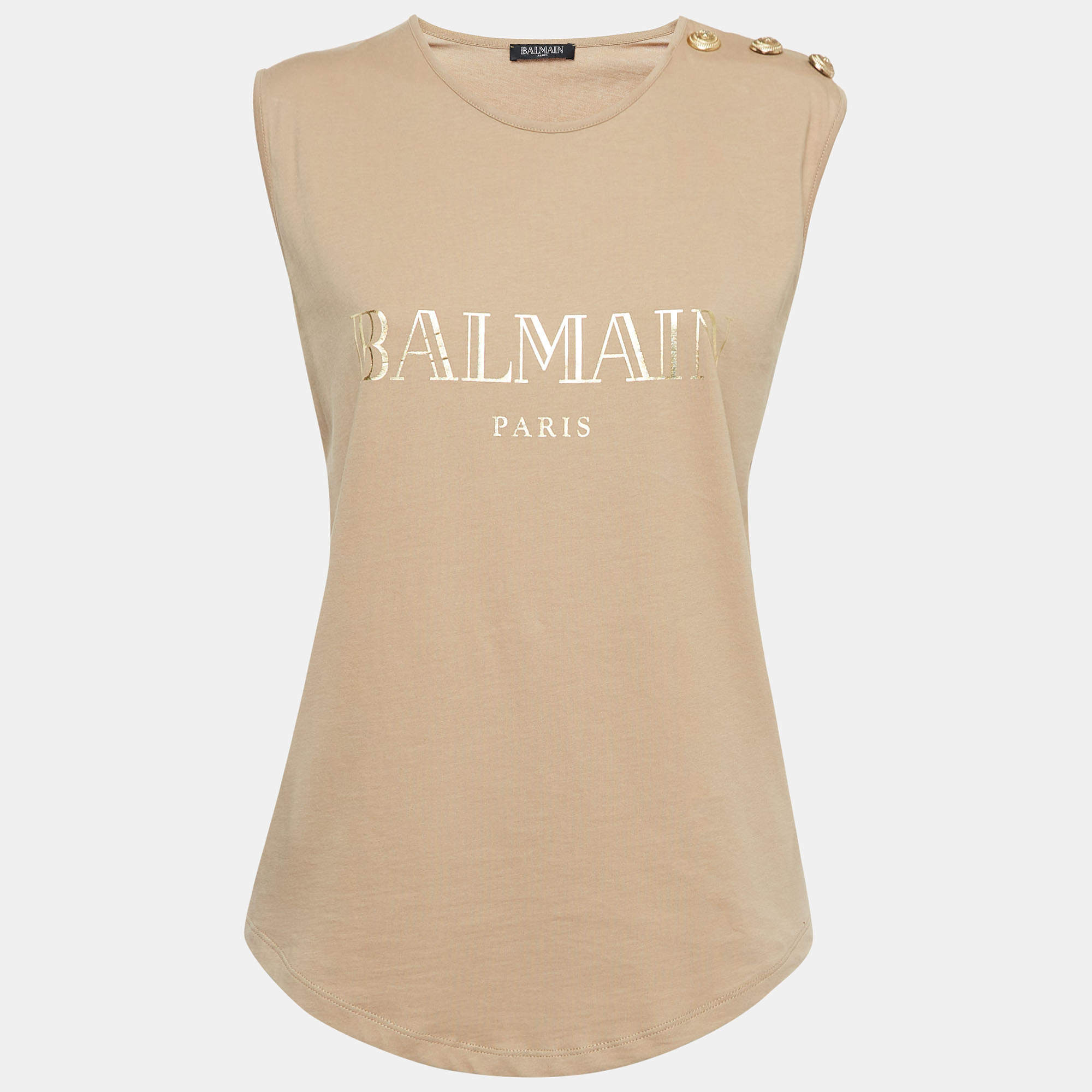 Balmain Beige Logo Print Cotton Button Detail Tank Top M