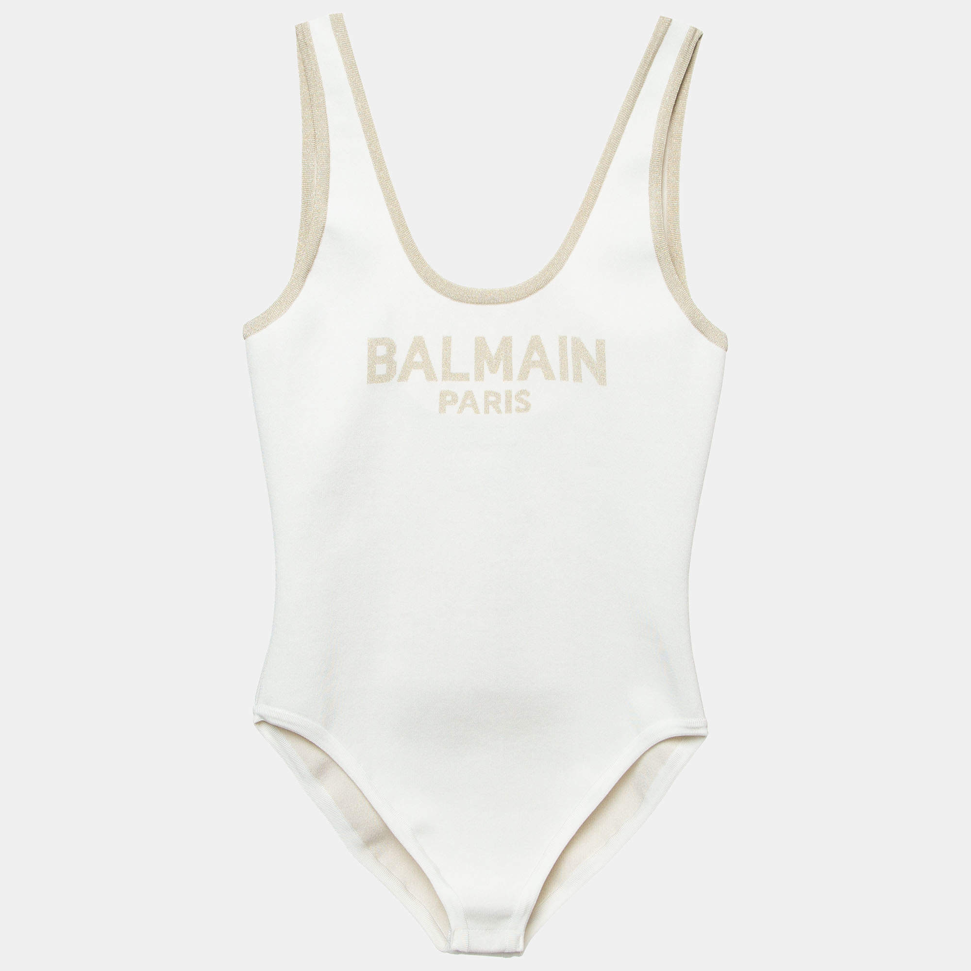 Balmain X Net-A-Porter Cream Logo Lurex Knit Sleeveless Bodysuit XL
