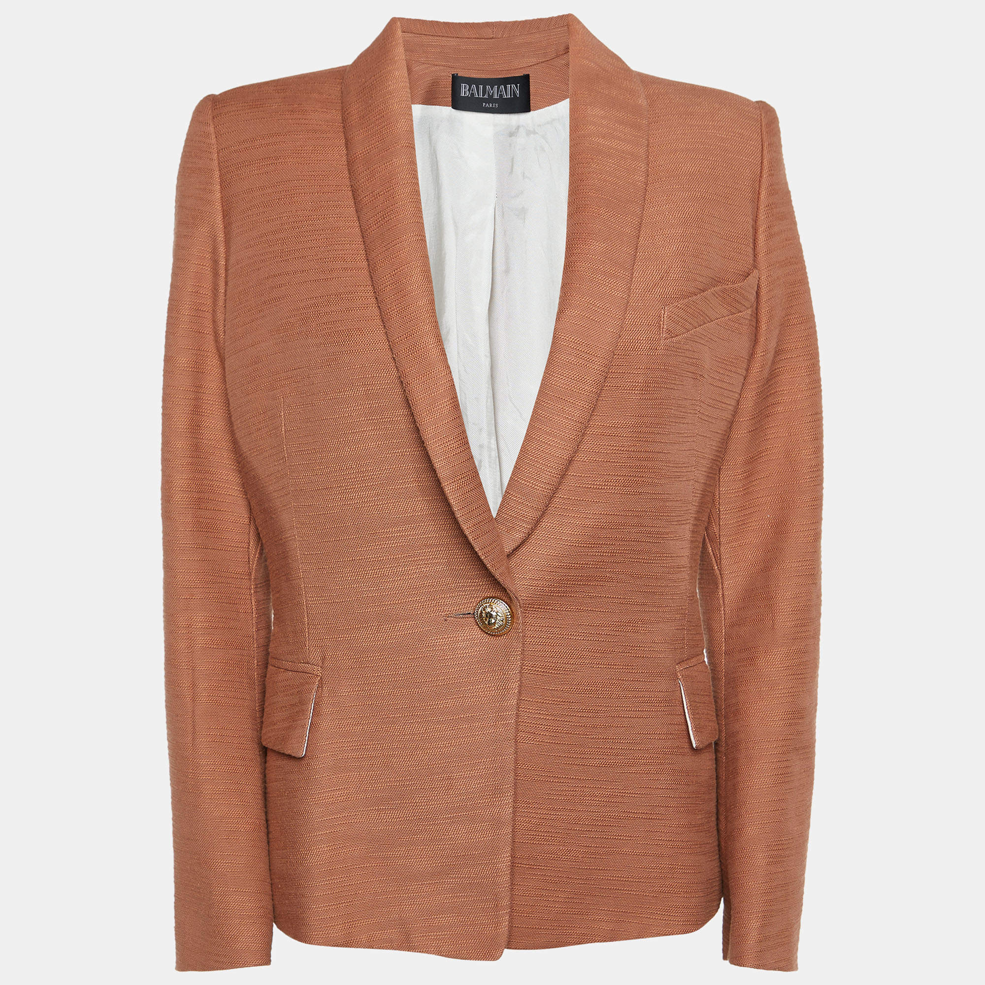 Pre Owned Balmain Burnt Orange Textured Cotton Blazer L