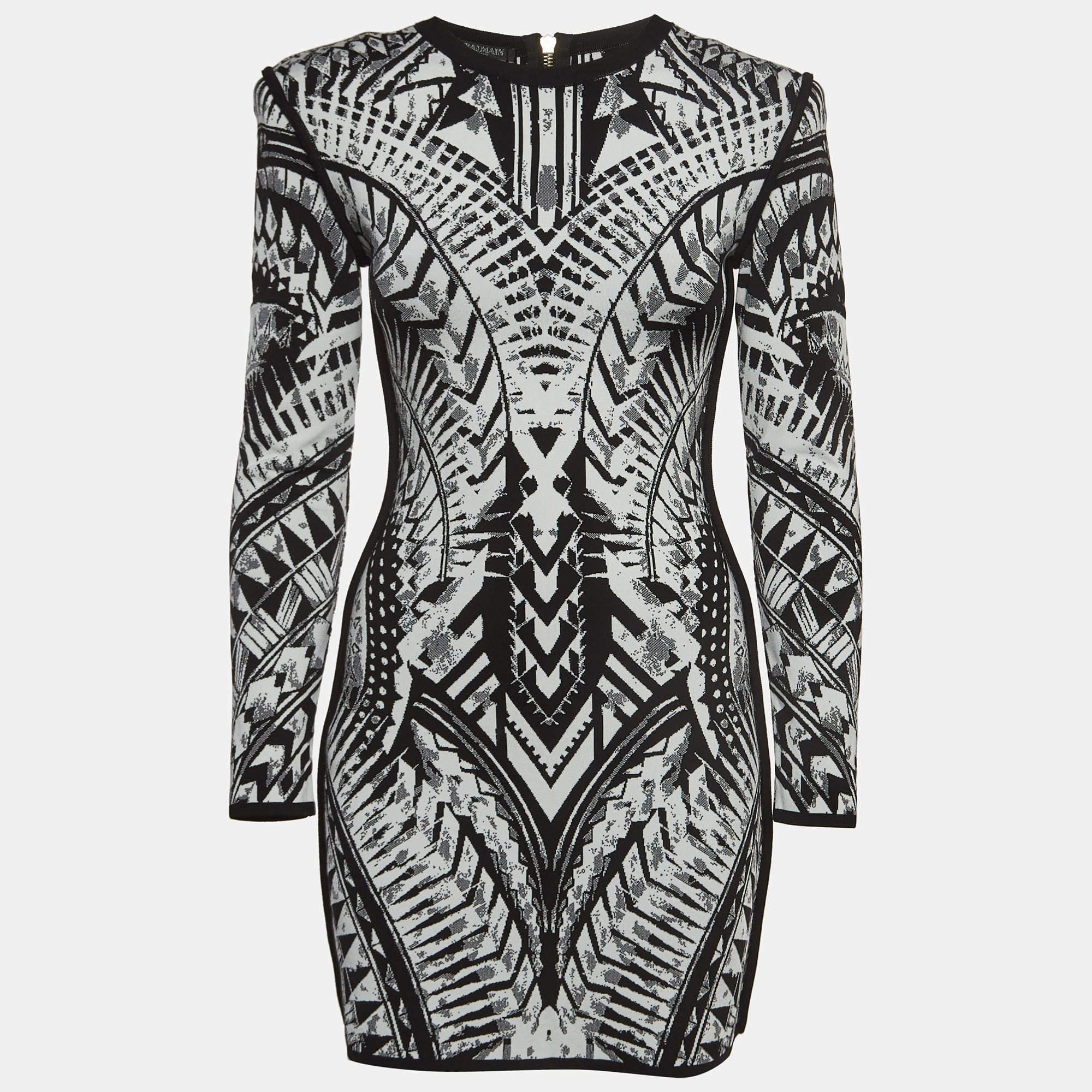 Balmain Black White Jacquard Knit Mini Bodycon Dress M Balmain TLC