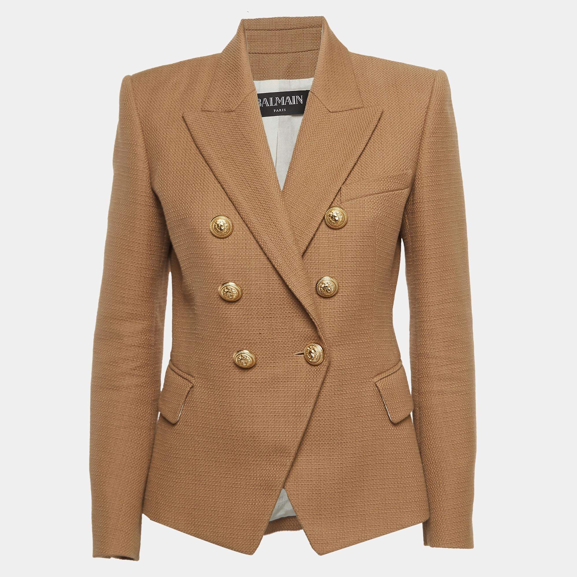 Pre Owned Balmain Beige Textured Cotton Double-Breasted Blazer M