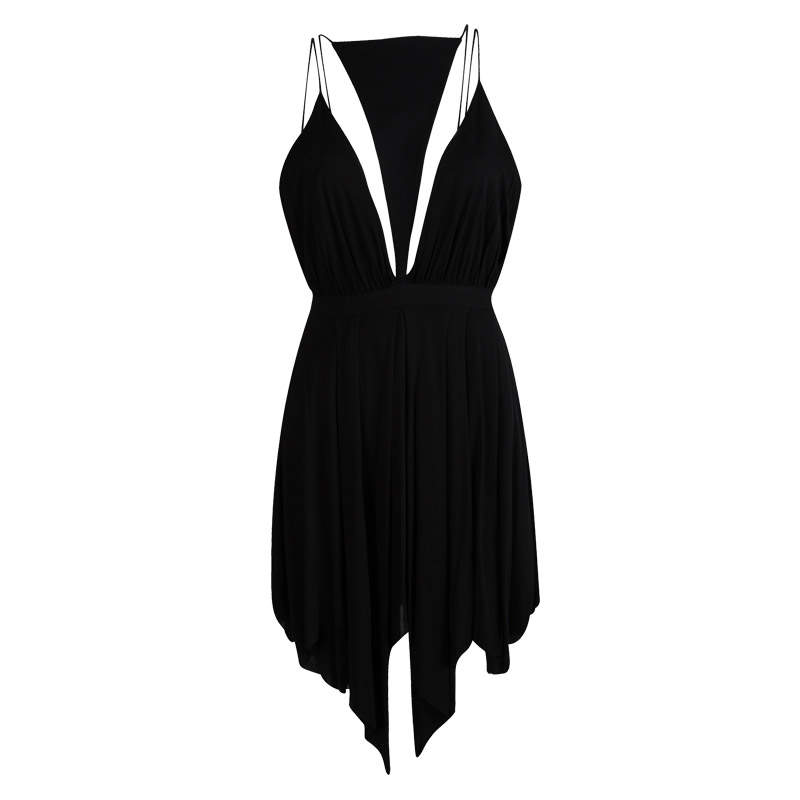 فستان بالمين أسود مقدمة مثلثة الشكل بلا أكمام S