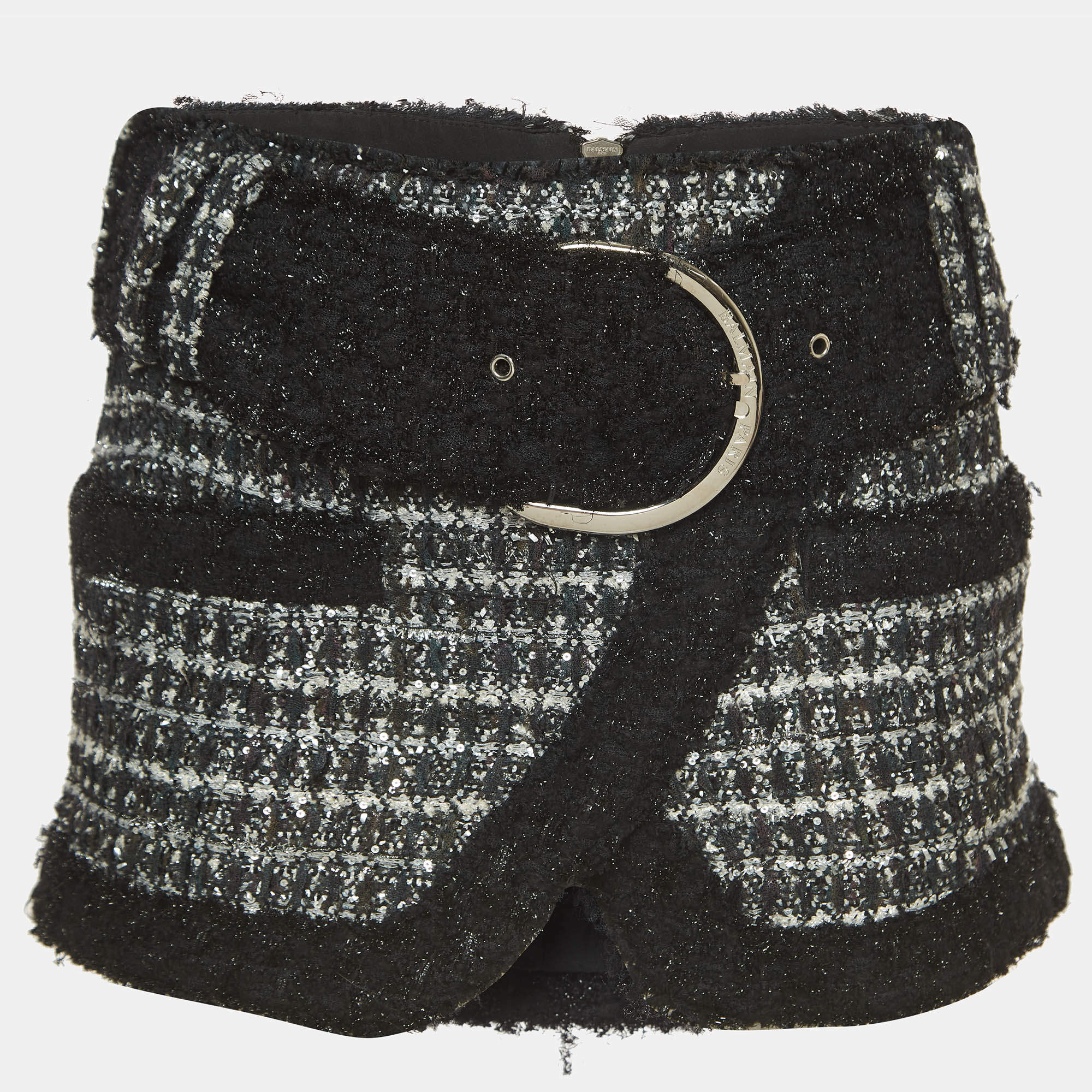 Balmain Black/White Lurex Tweed Belted Mini Skirt S