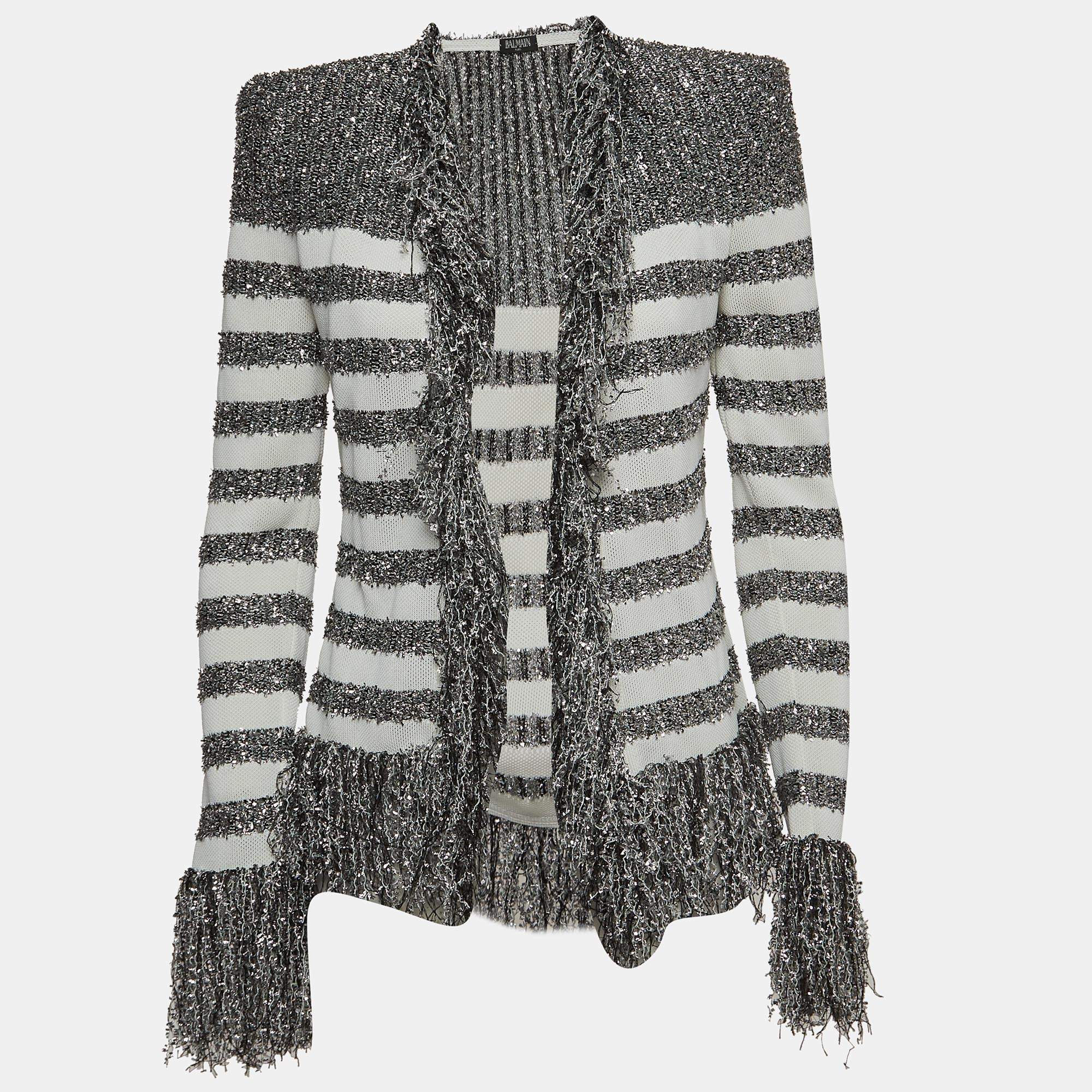 Balmain White/Silver Striped Knit Fringed Open Jacket M