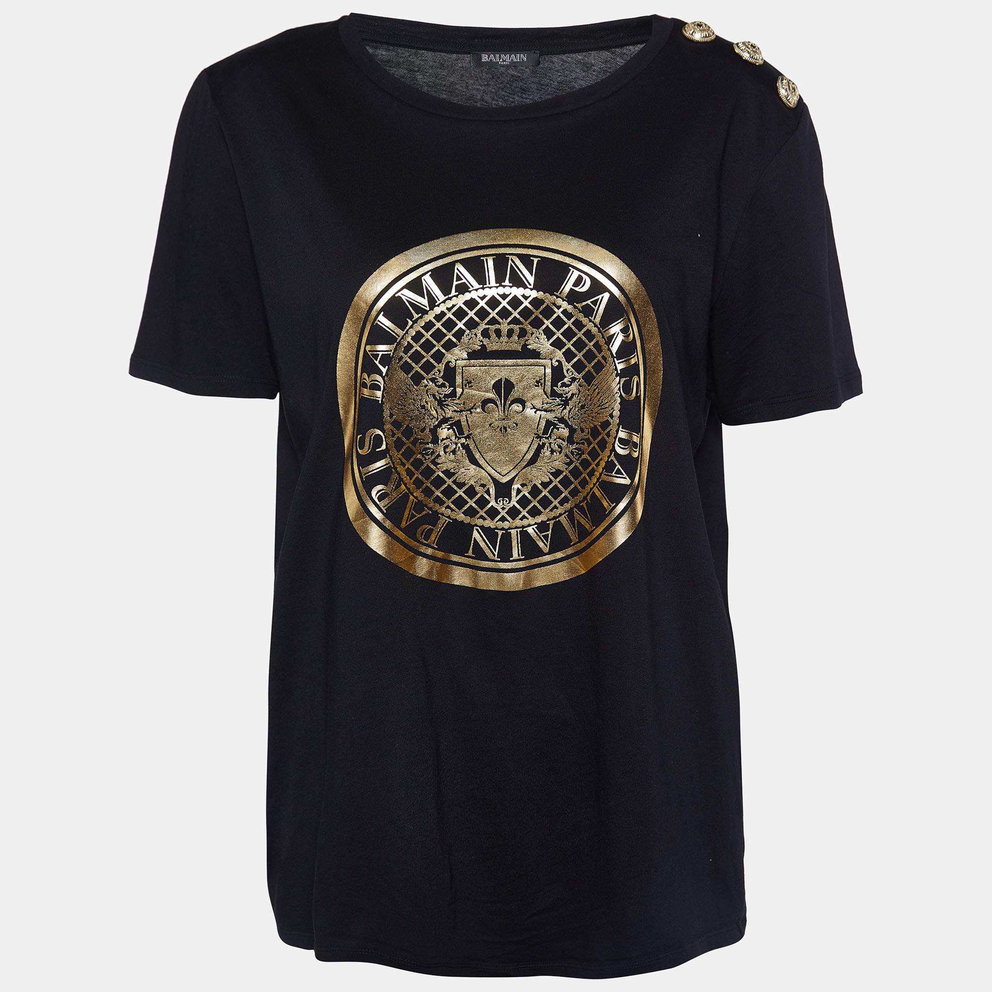 Pre Owned Balmain Black Metallic Logo Print Cotton Crew Neck T-Shirt M