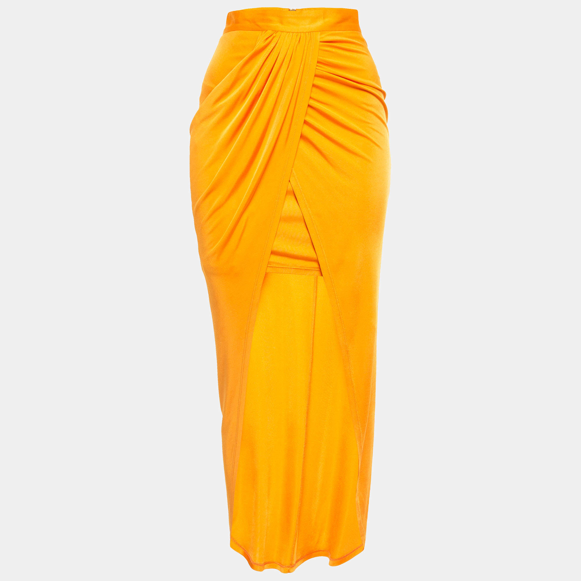 Balmain Orange Jersey High Slit Draped Maxi Skirt S